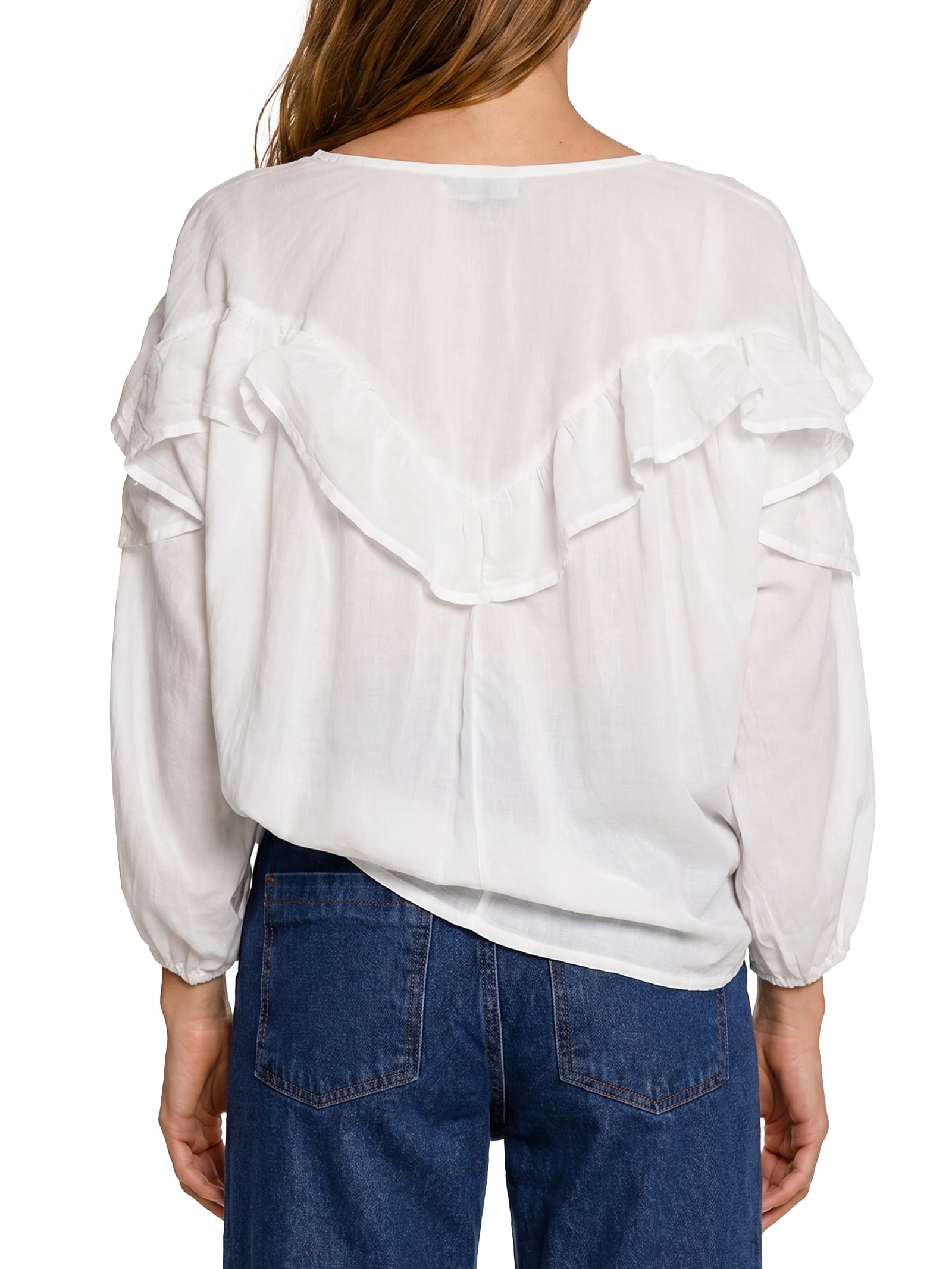 Camisa Feminina Voil Boho Babados Branco Cantão