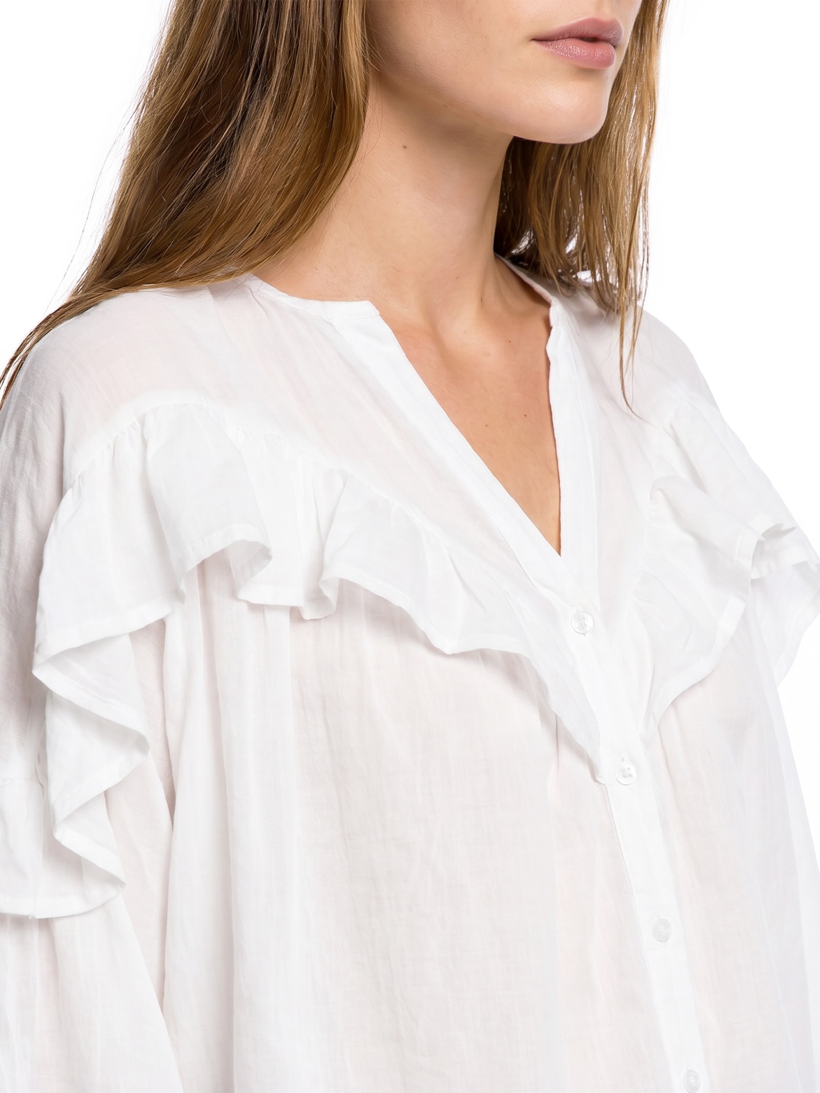 Camisa Feminina Voil Boho Babados Branco Cantão
