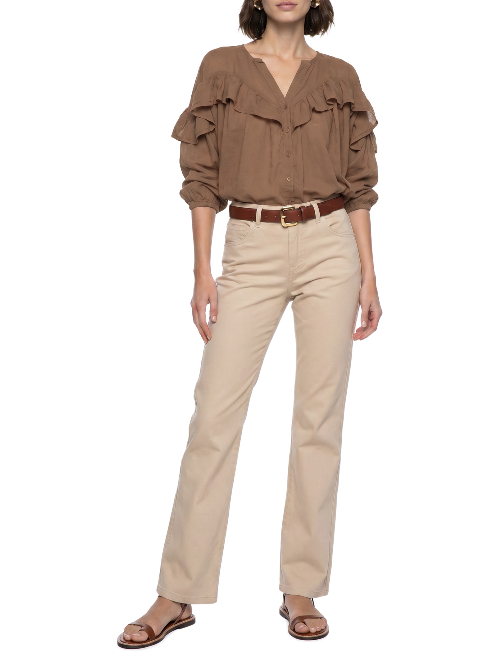 Camisa Feminina Voil Boho Babados Marrom Cantão