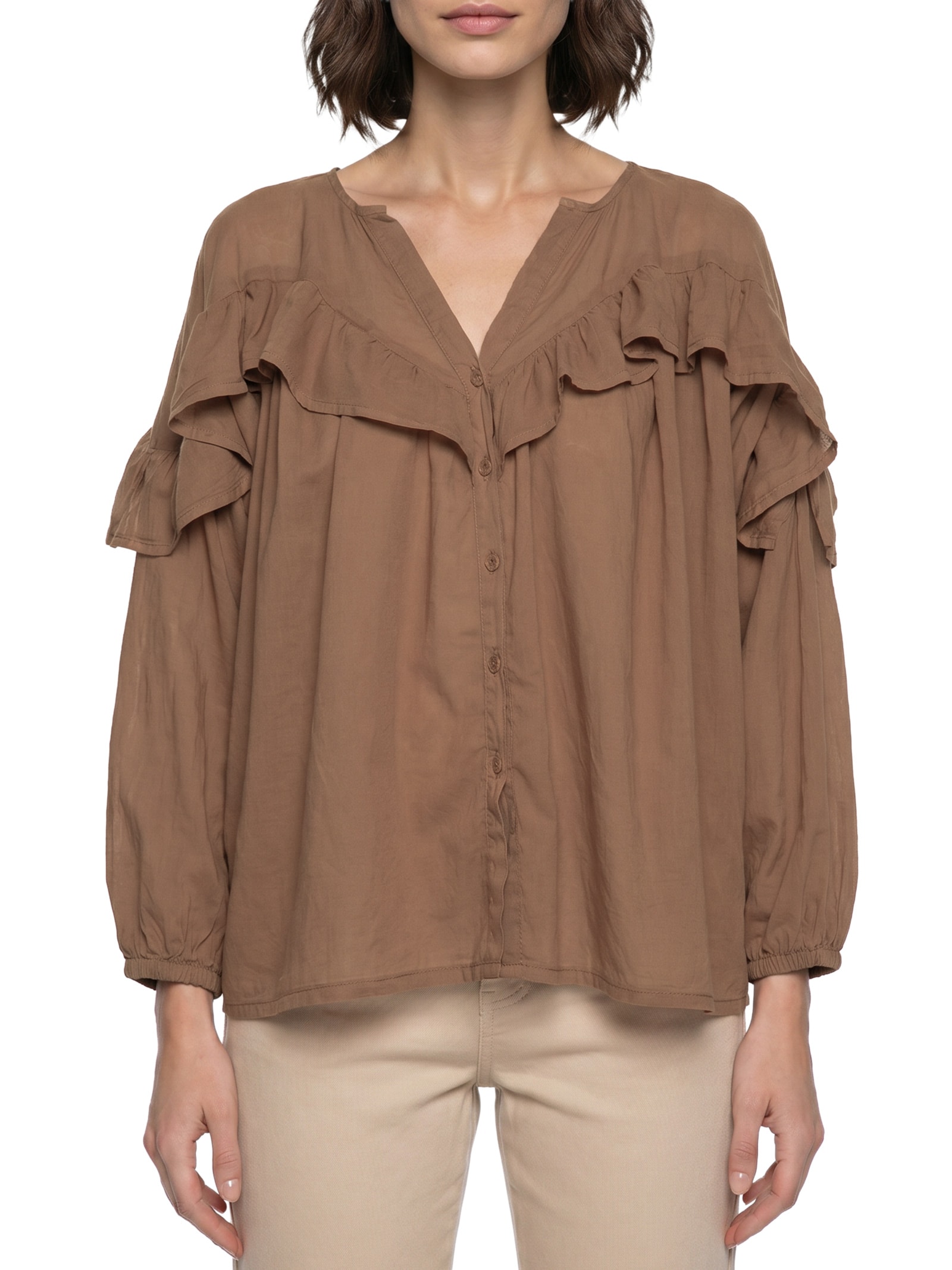 Camisa Feminina Voil Boho Babados Marrom Cantão