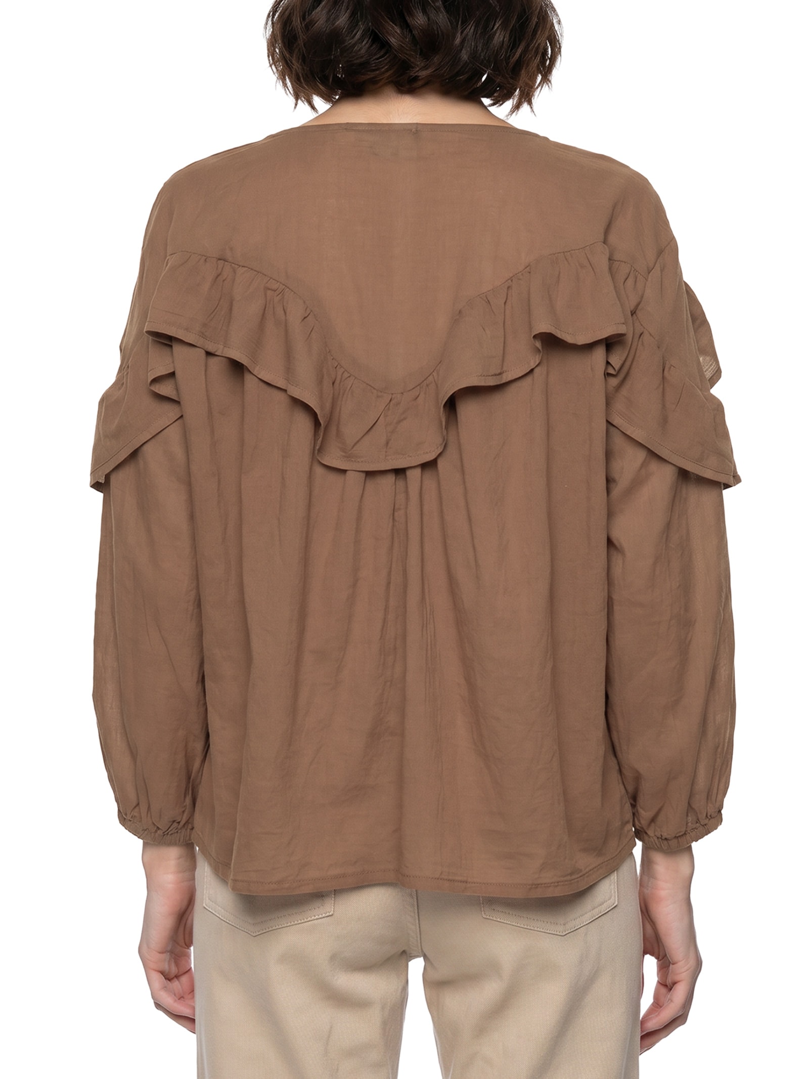 Camisa Feminina Voil Boho Babados Marrom Cantão