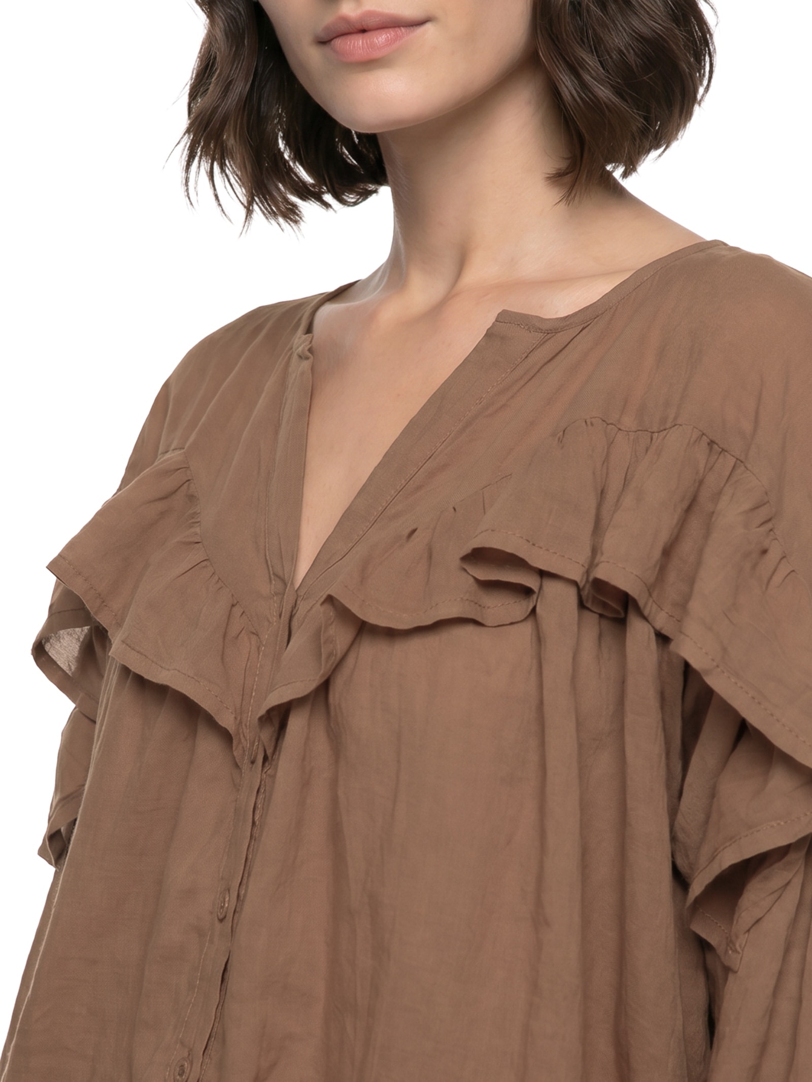 Camisa Feminina Voil Boho Babados Marrom Cantão