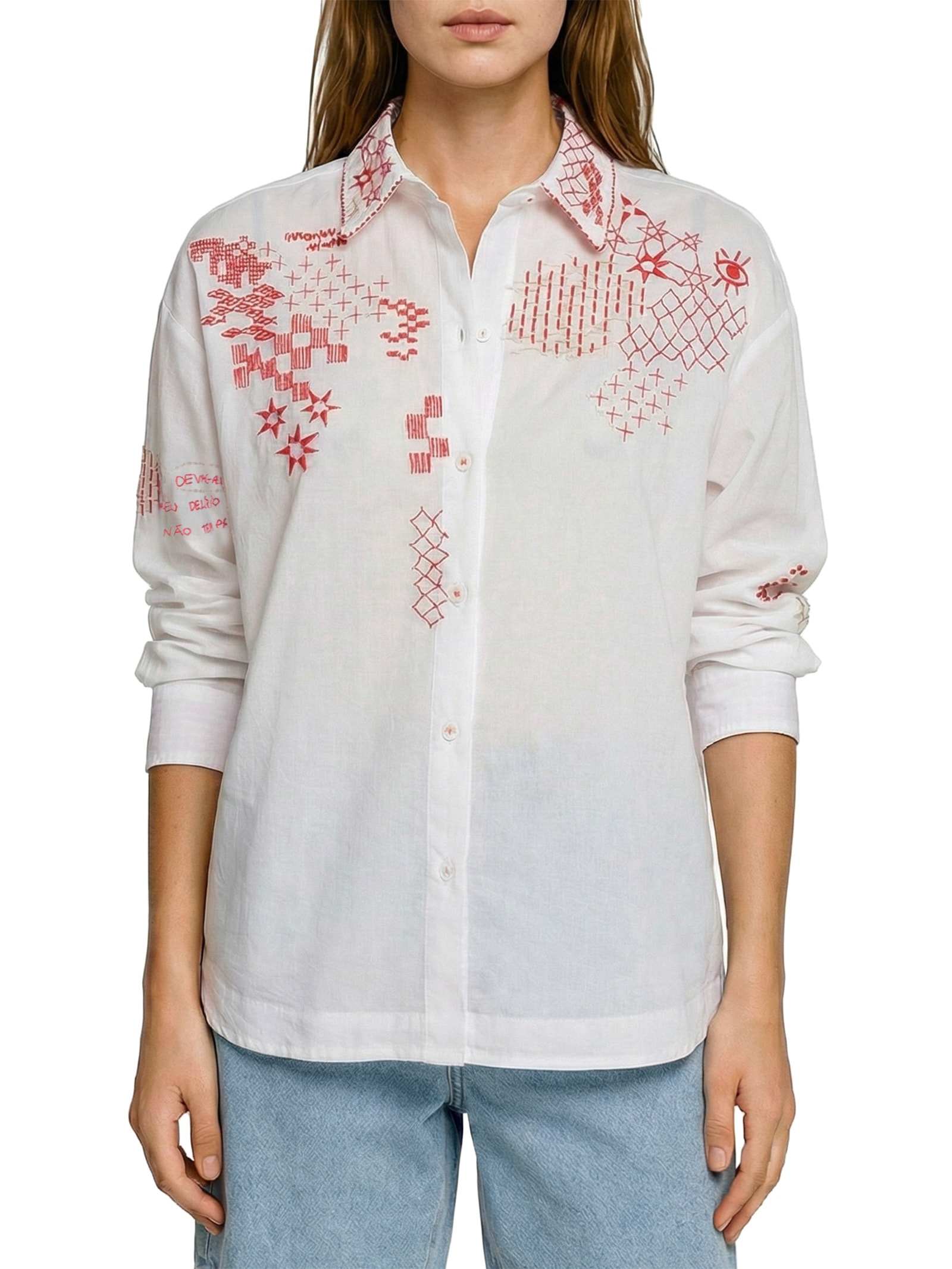 Camisa Feminina Voil Bordado Delírio Branco Cantão