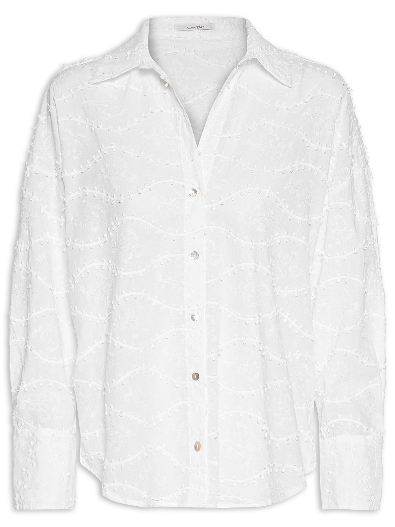 Camisa Feminina Voil Bordado Relevo Branco Cantão