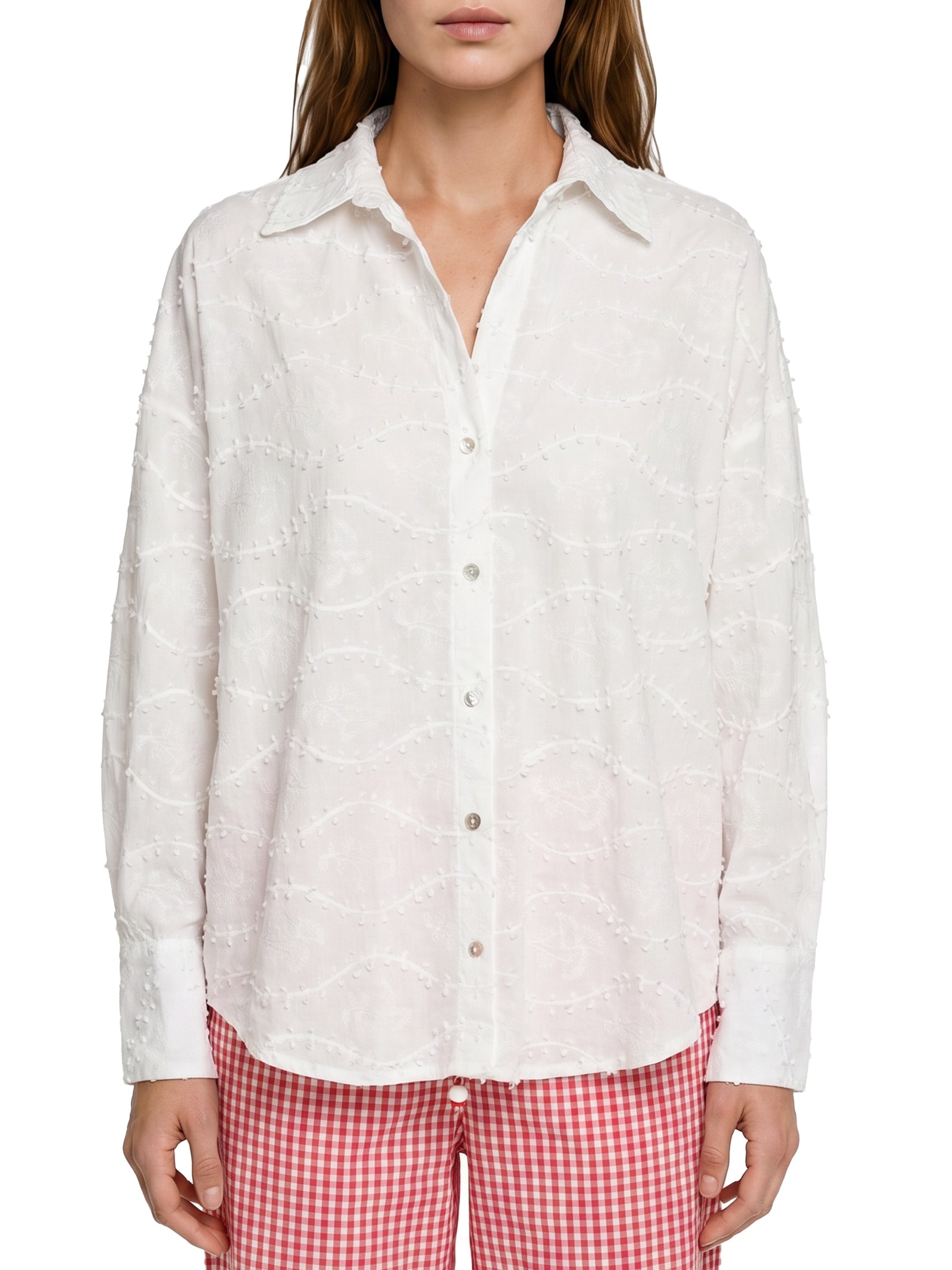 Camisa Feminina Voil Bordado Relevo Branco Cantão