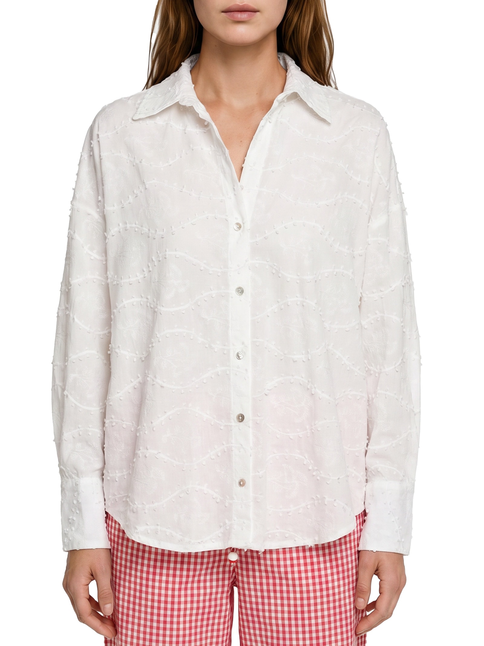 Camisa Feminina Voil Bordado Relevo – Branco Cantão