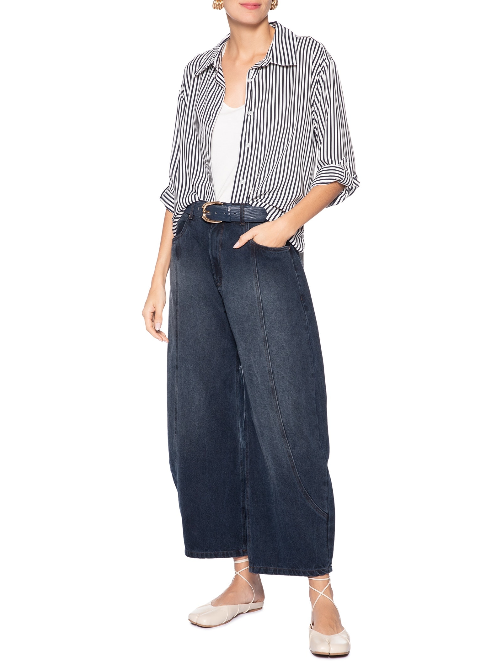 Camisa Listrada Feminina Azul Market 33