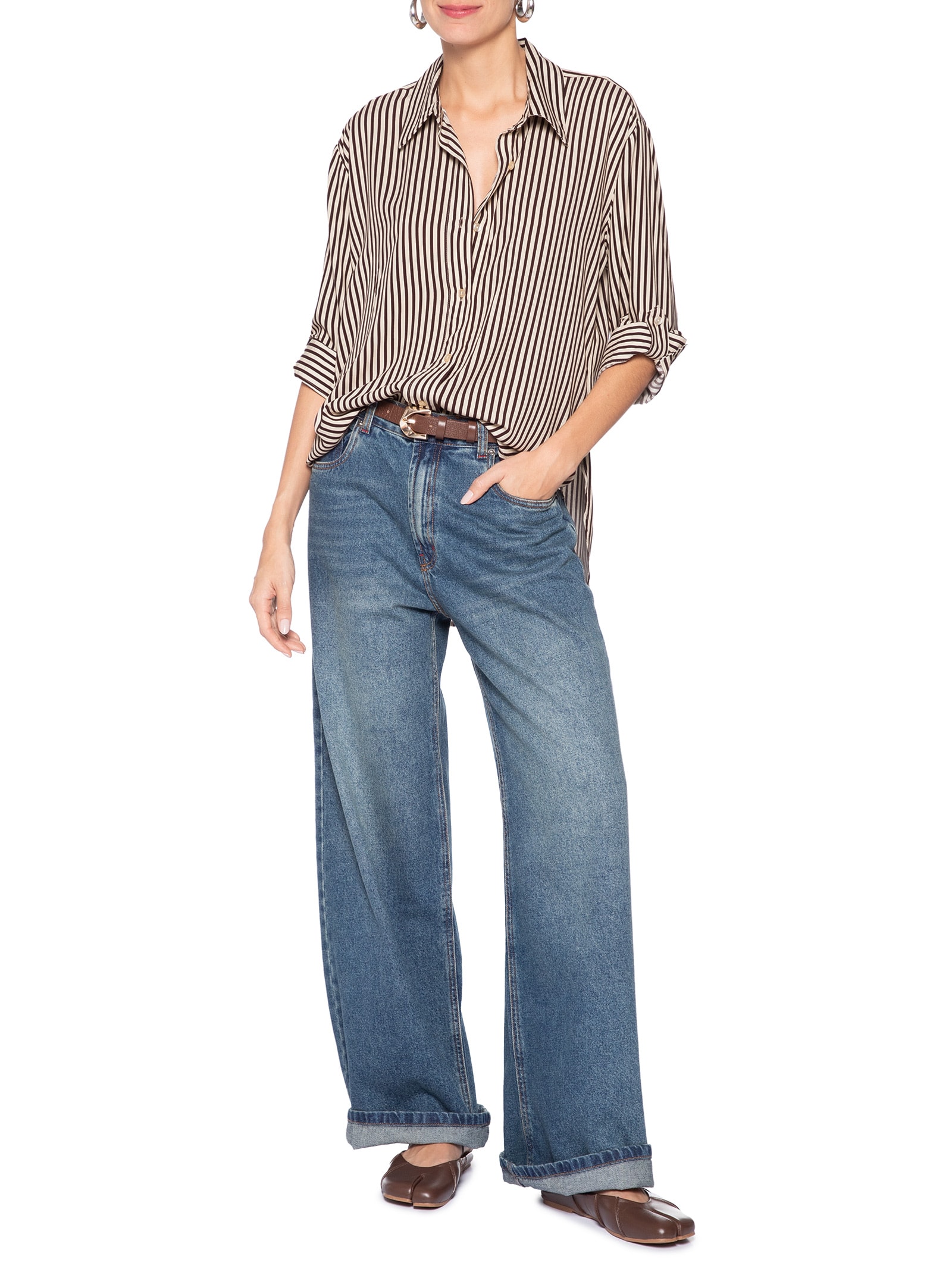 Camisa Listrada Feminina Marrom Market 33