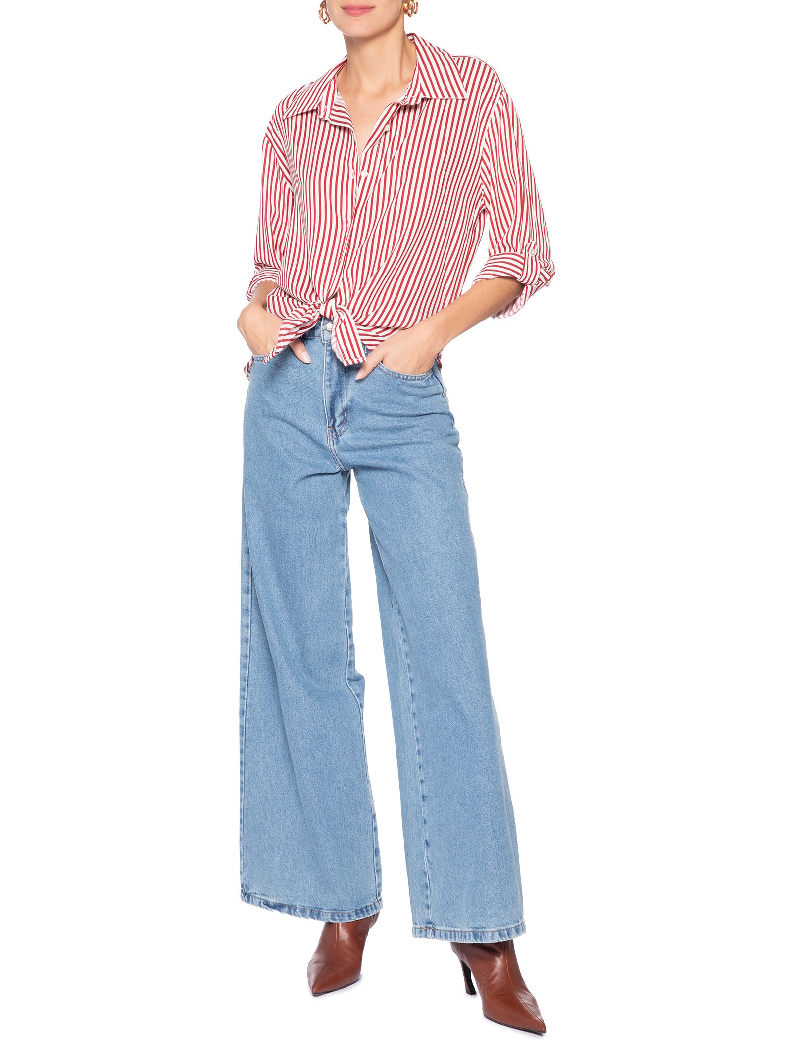 Camisa Listrada Feminina Vermelho Market 33