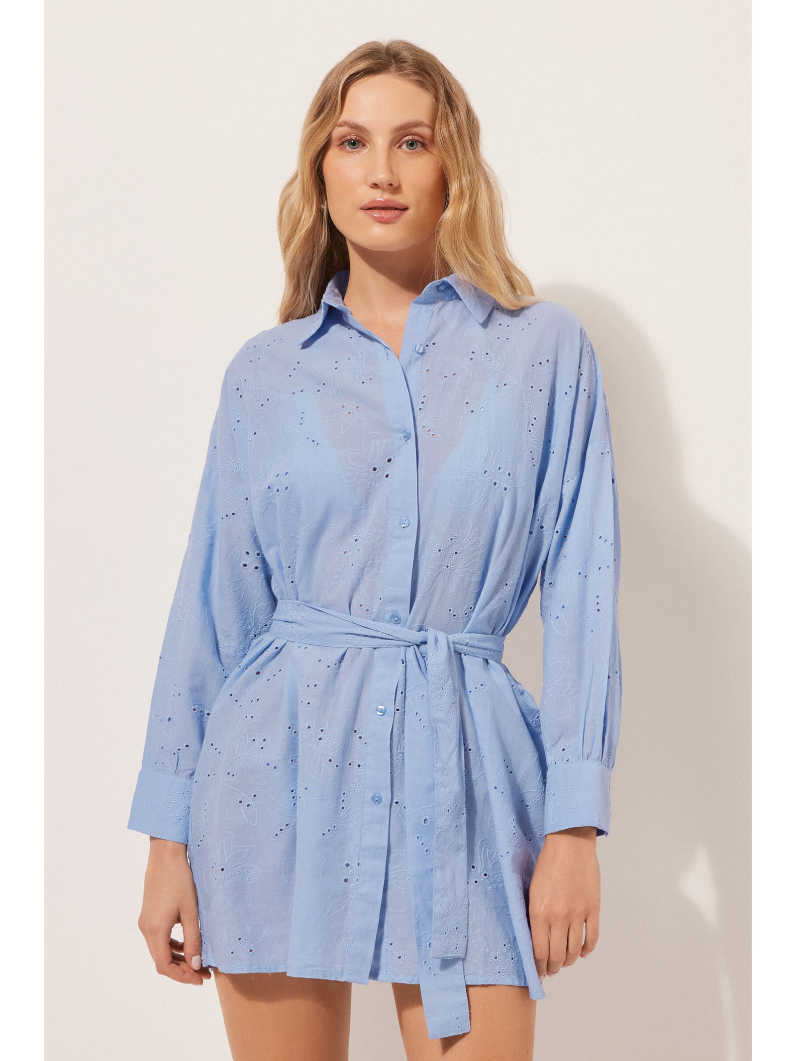 Camisa Longa Com Bordado Sangallo Azul Calzedonia