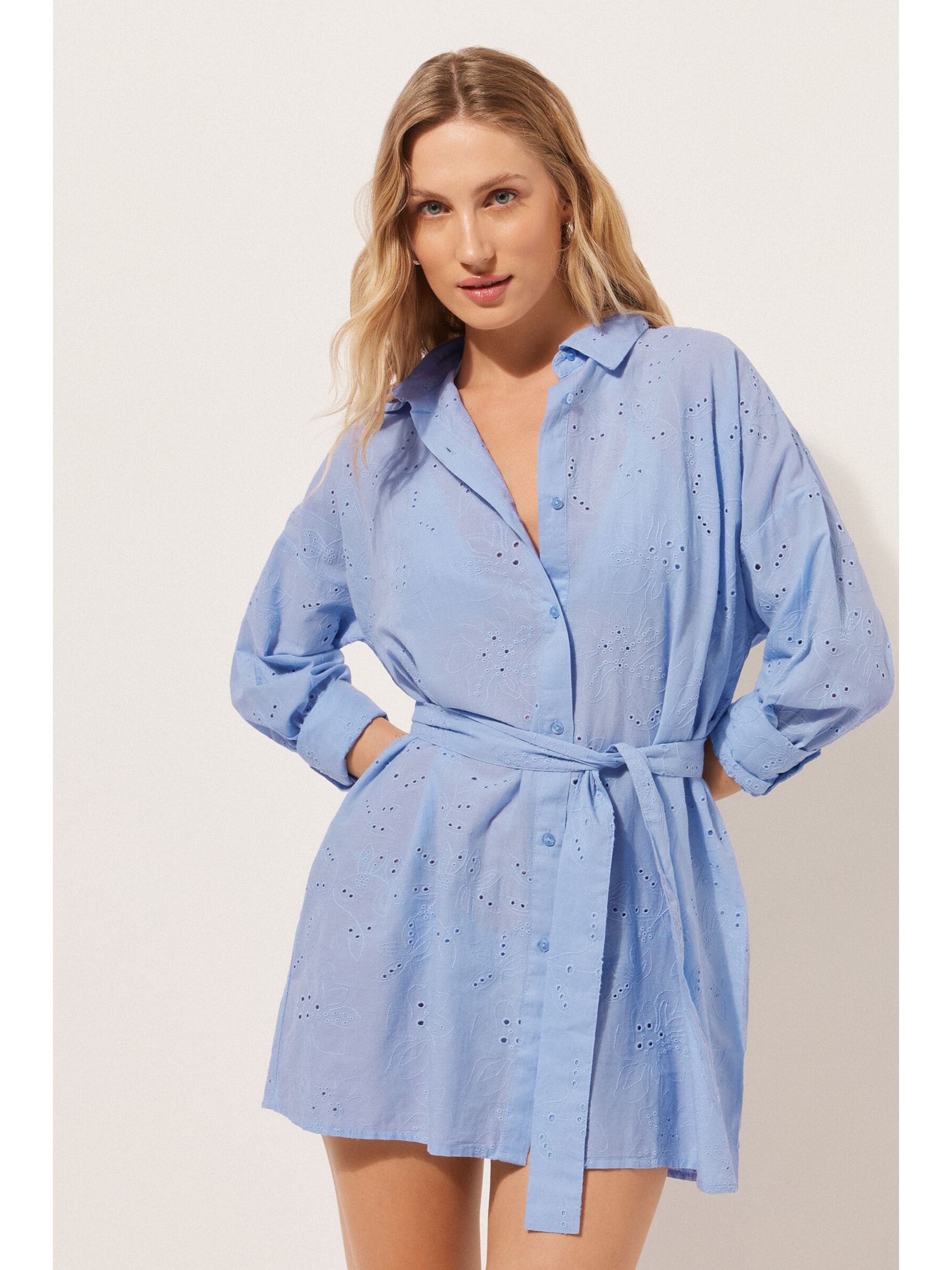 Camisa Longa Com Bordado Sangallo Azul Calzedonia
