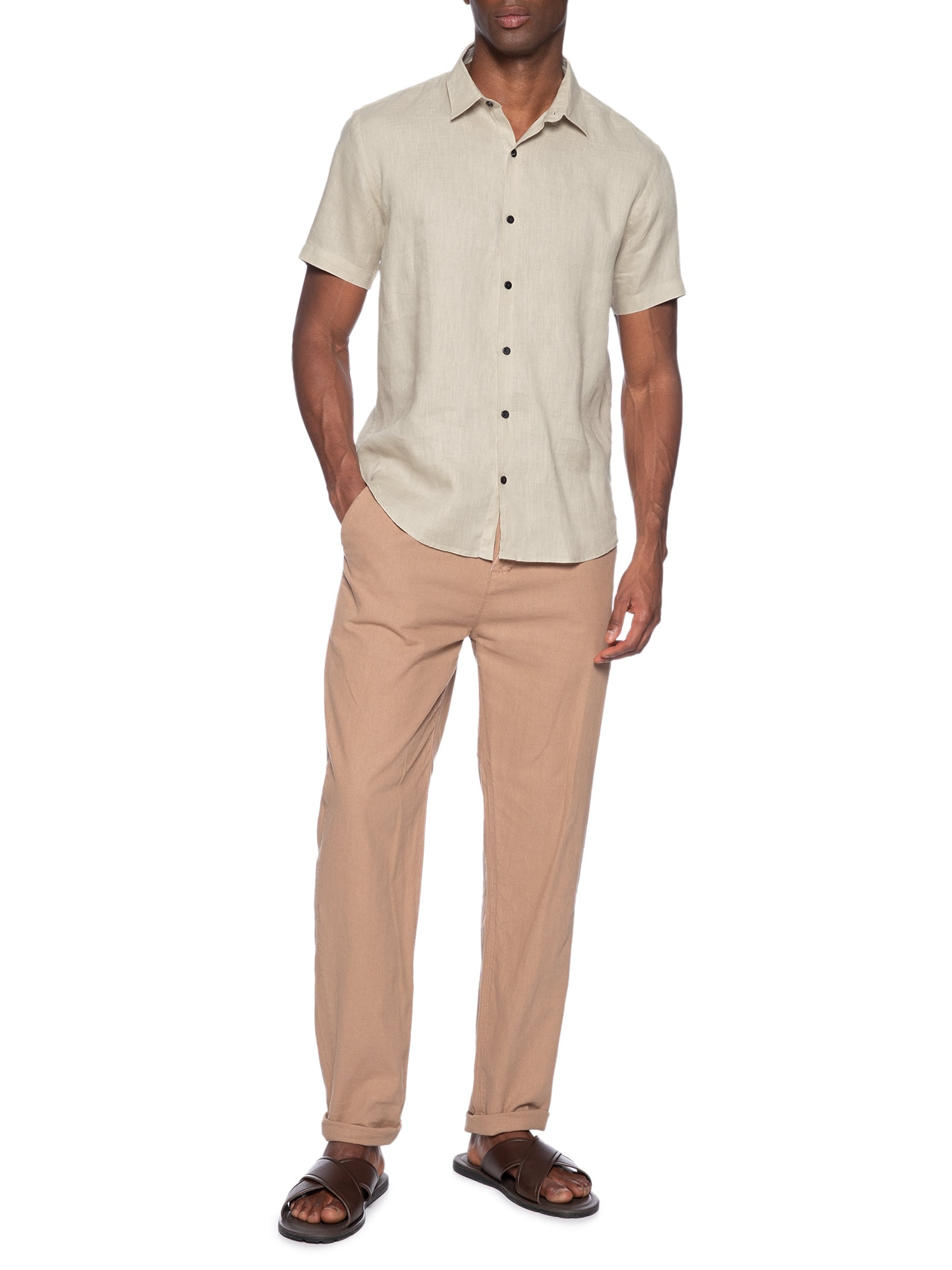 Camisa Manga Curta Puro Linho Lumiar Bege Foxton