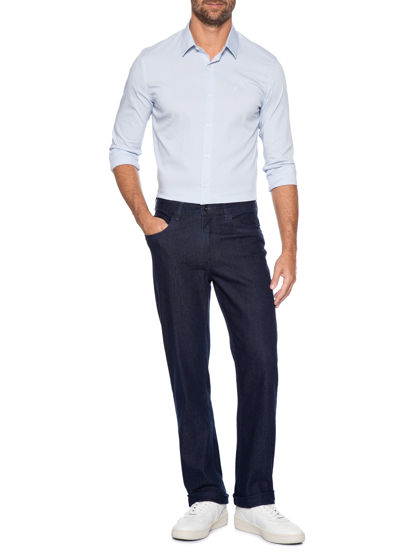 Camisa Manga Longa Tricoline Elastano Lisa Azul Sergio K