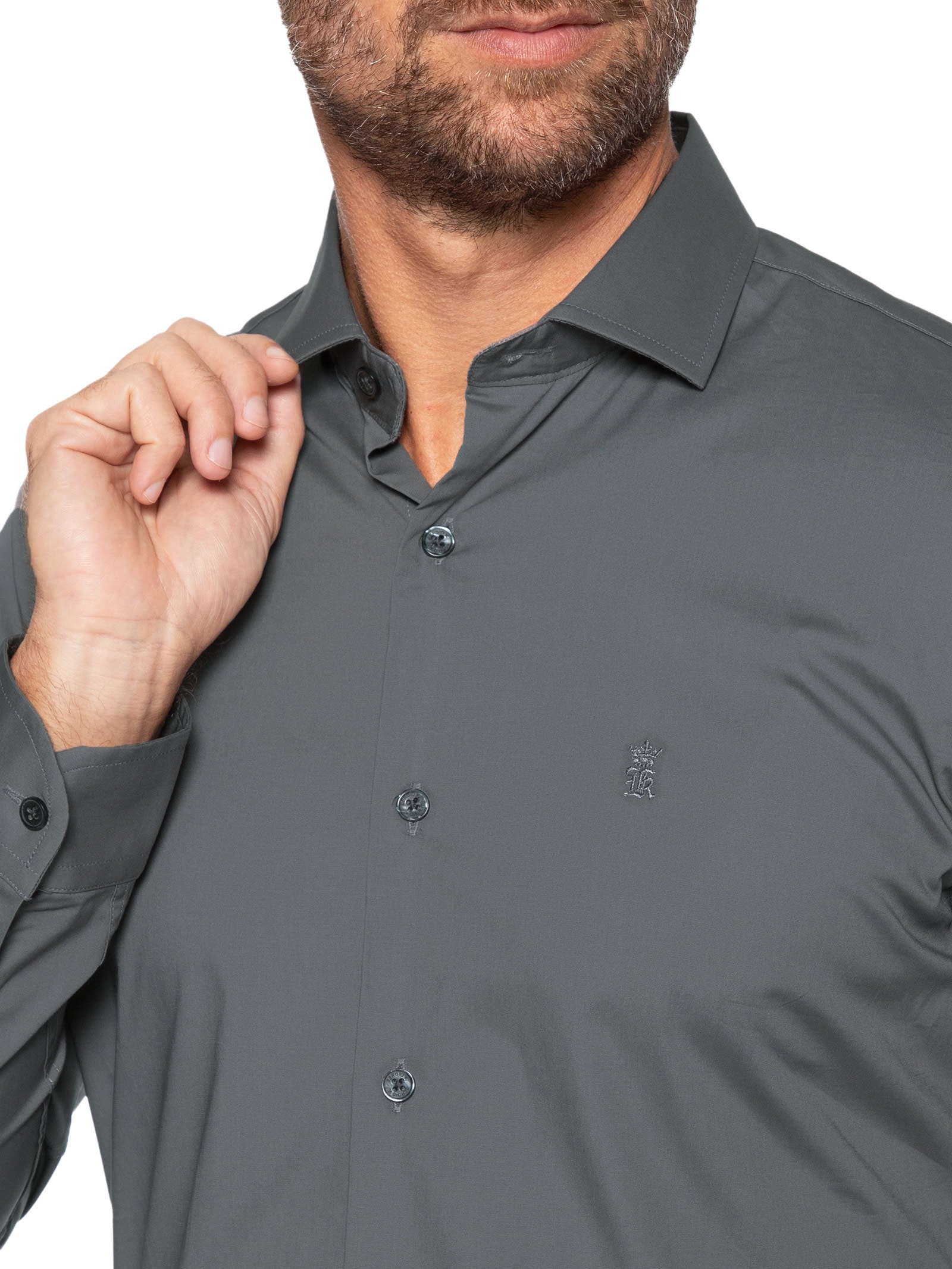 Camisa Manga Longa Tricoline Elastano Lisa Cinza Sergio K
