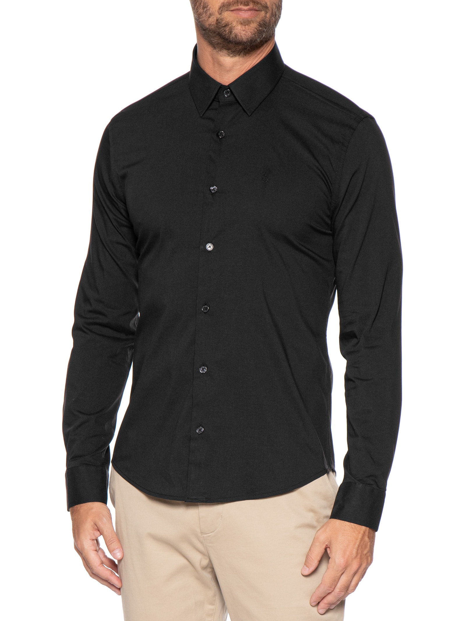 Camisa Manga Longa Tricoline Elastano Lisa Preto Sergio K