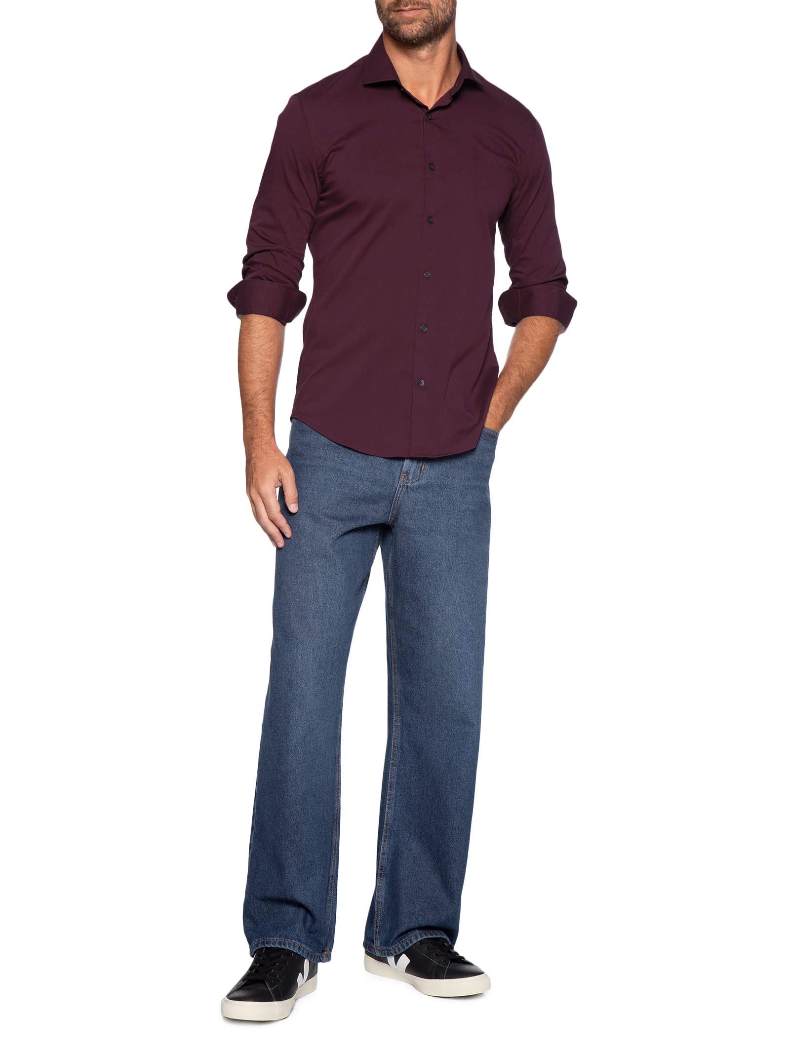 Camisa Manga Longa Tricoline Elastano Lisa Vermelho Sergio K