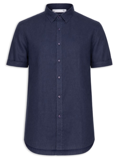 Camisa Masculina 100% Linho Manga Curta – Azul