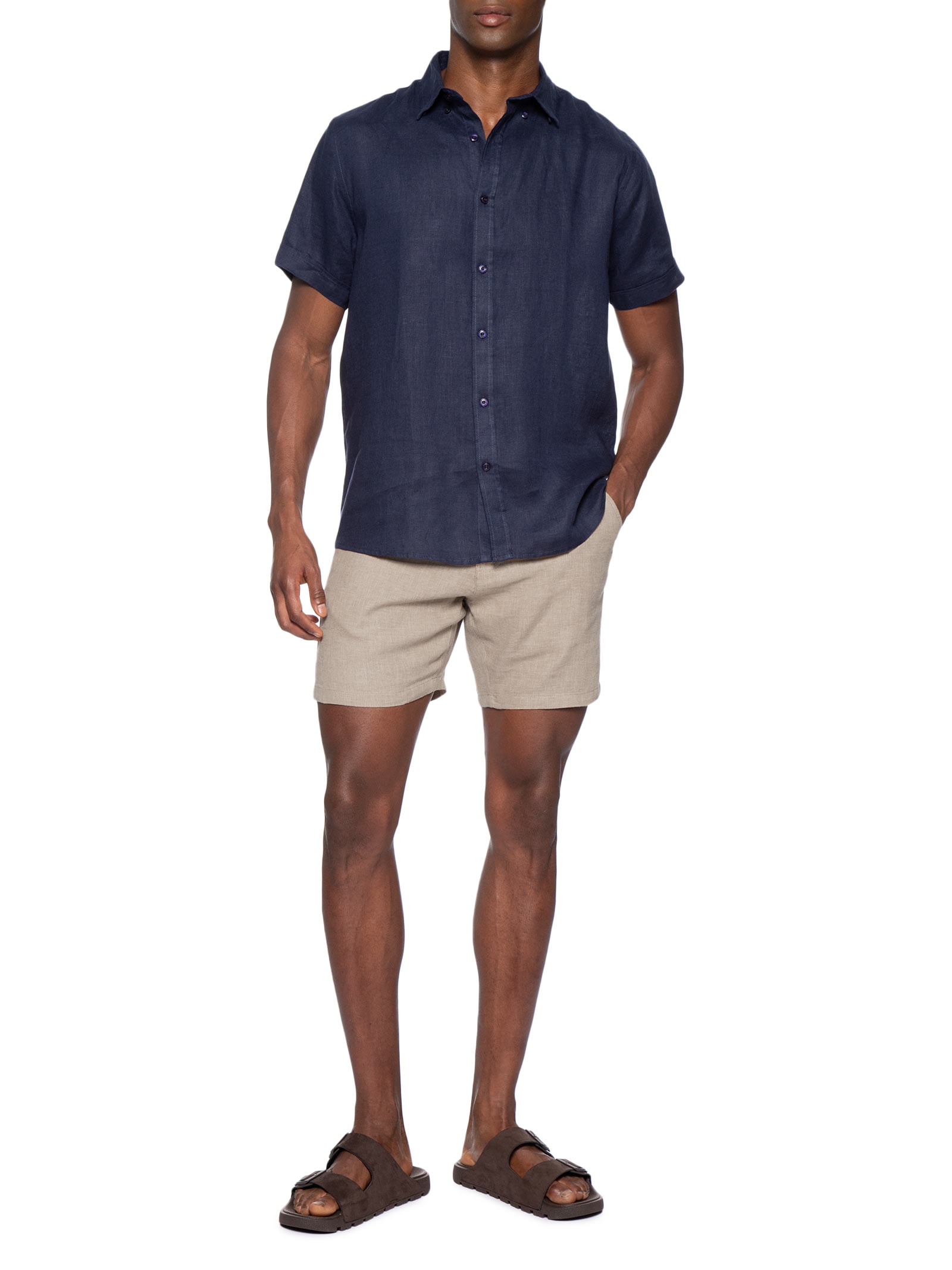 Camisa Masculina 100% Linho Manga Curta Azul '2 Essential