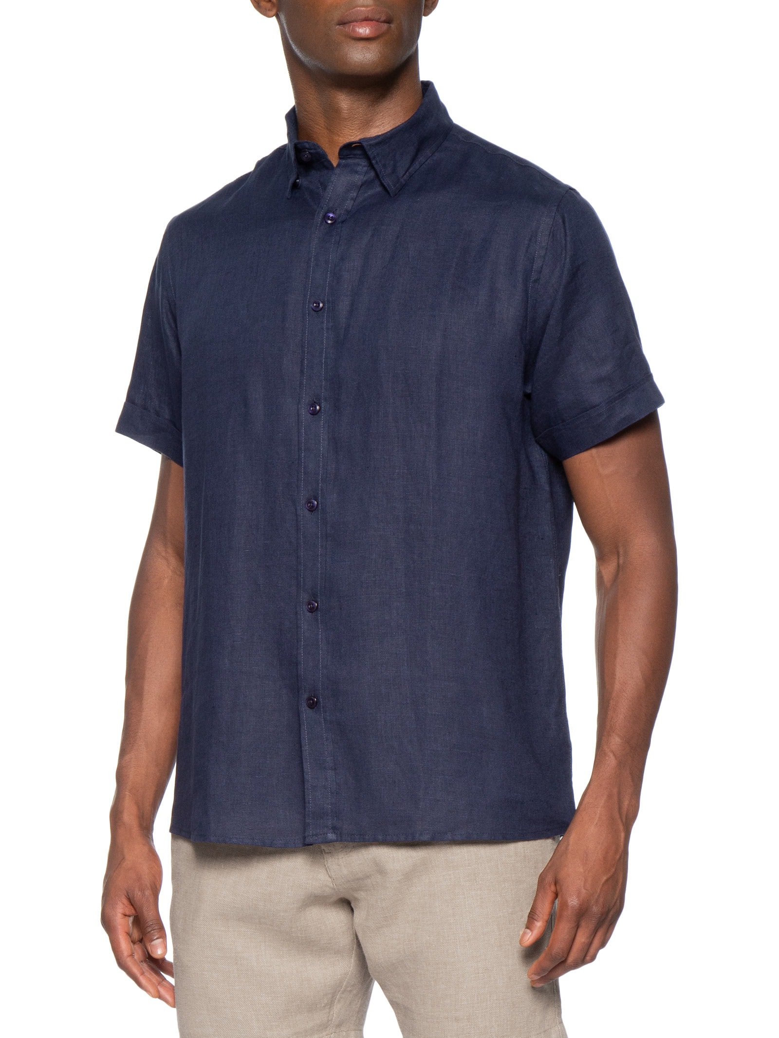 Camisa Masculina 100% Linho Manga Curta Azul '2 Essential
