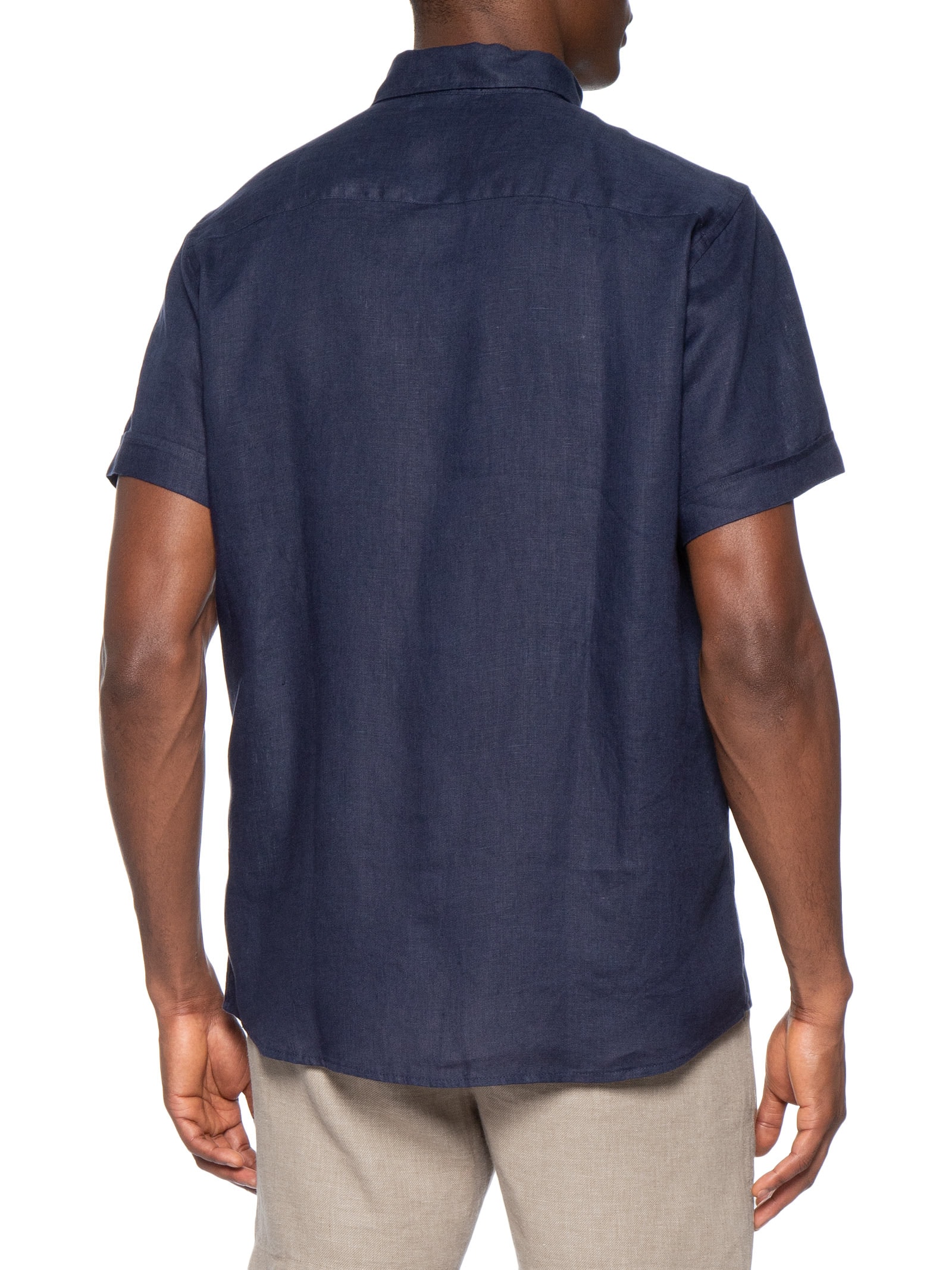 Camisa Masculina 100% Linho Manga Curta Azul '2 Essential