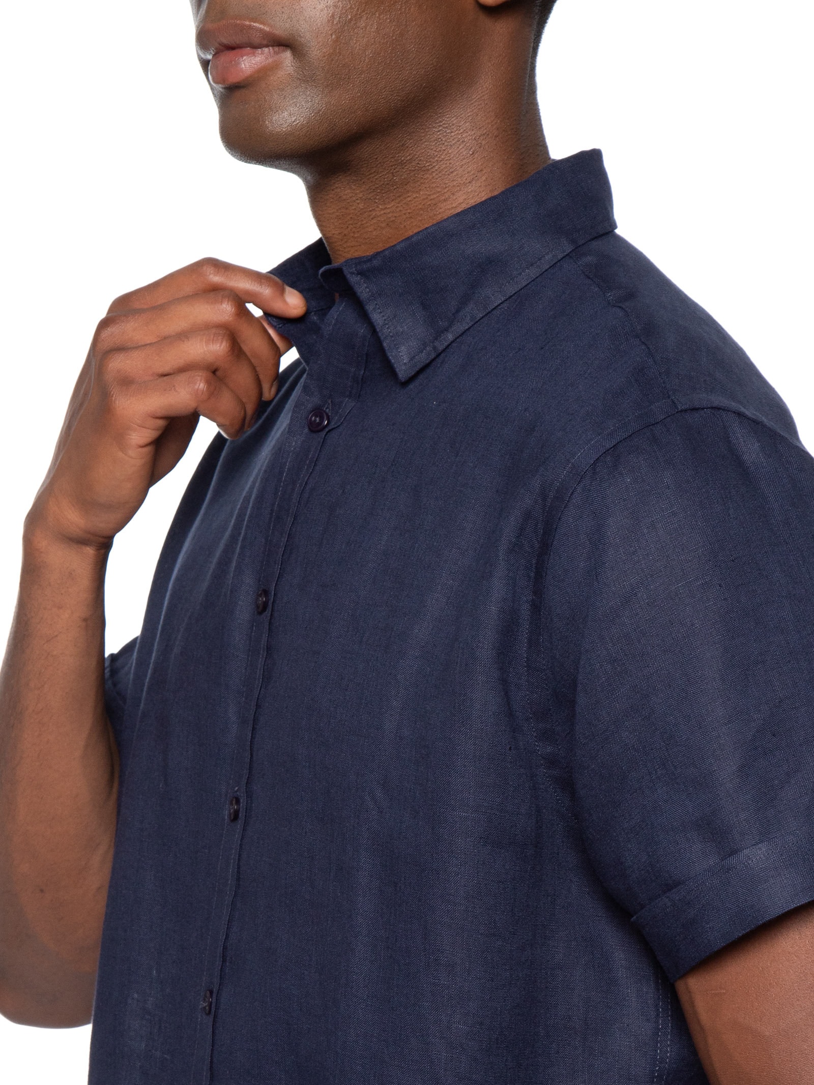 Camisa Masculina 100% Linho Manga Curta Azul '2 Essential