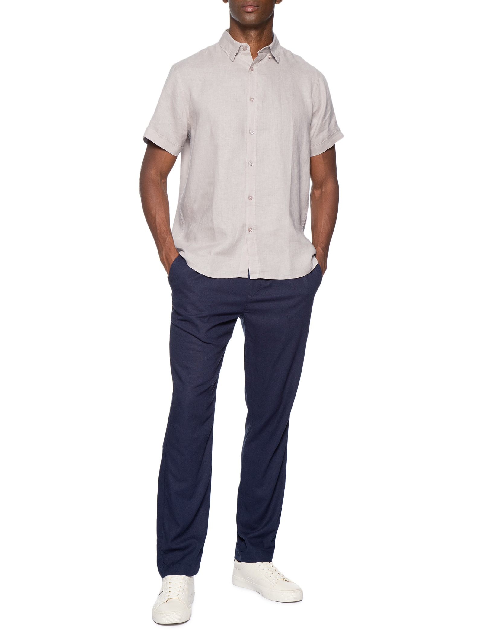 Camisa Masculina 100% Linho Manga Curta Bege '2 Essential