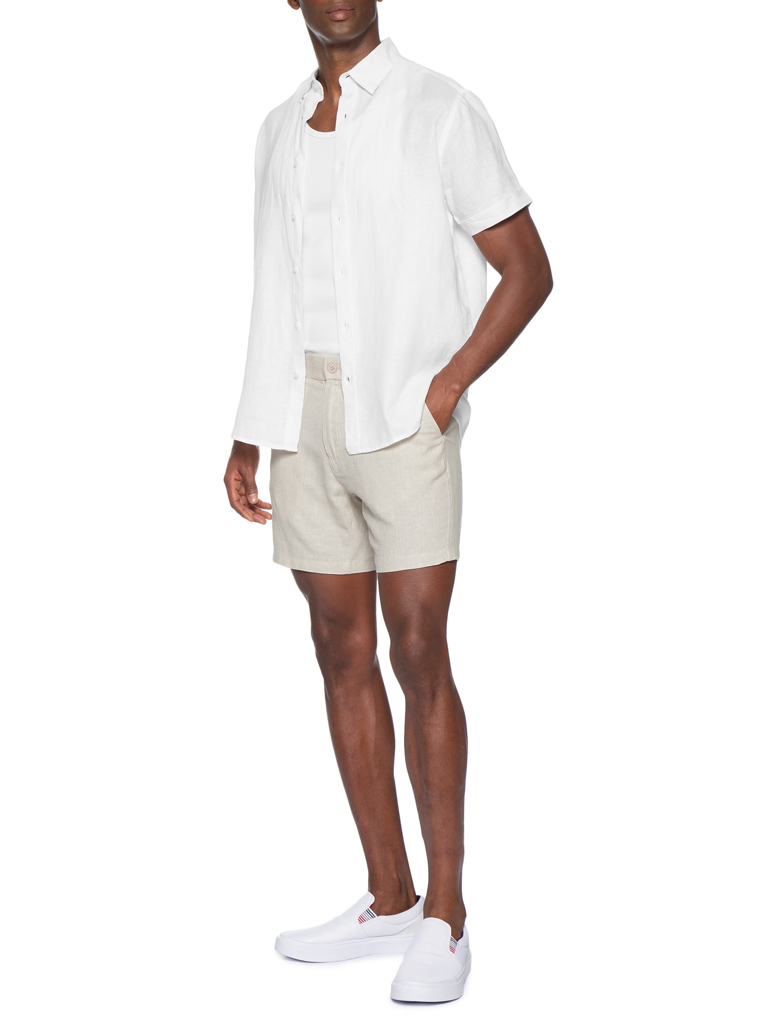 Camisa Masculina 100% Linho Manga Curta Branco '2 Essential