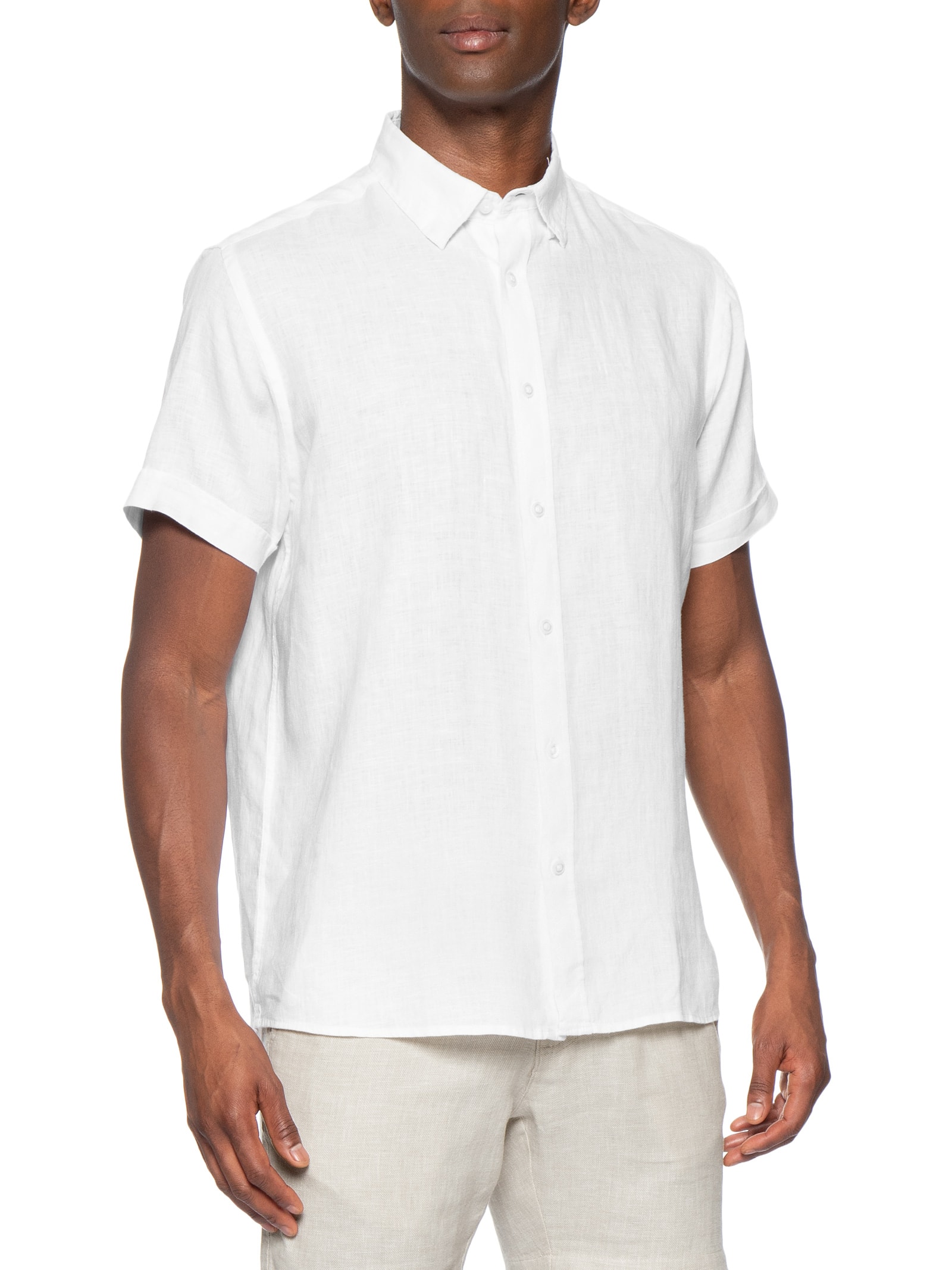 Camisa Masculina 100% Linho Manga Curta Branco '2 Essential