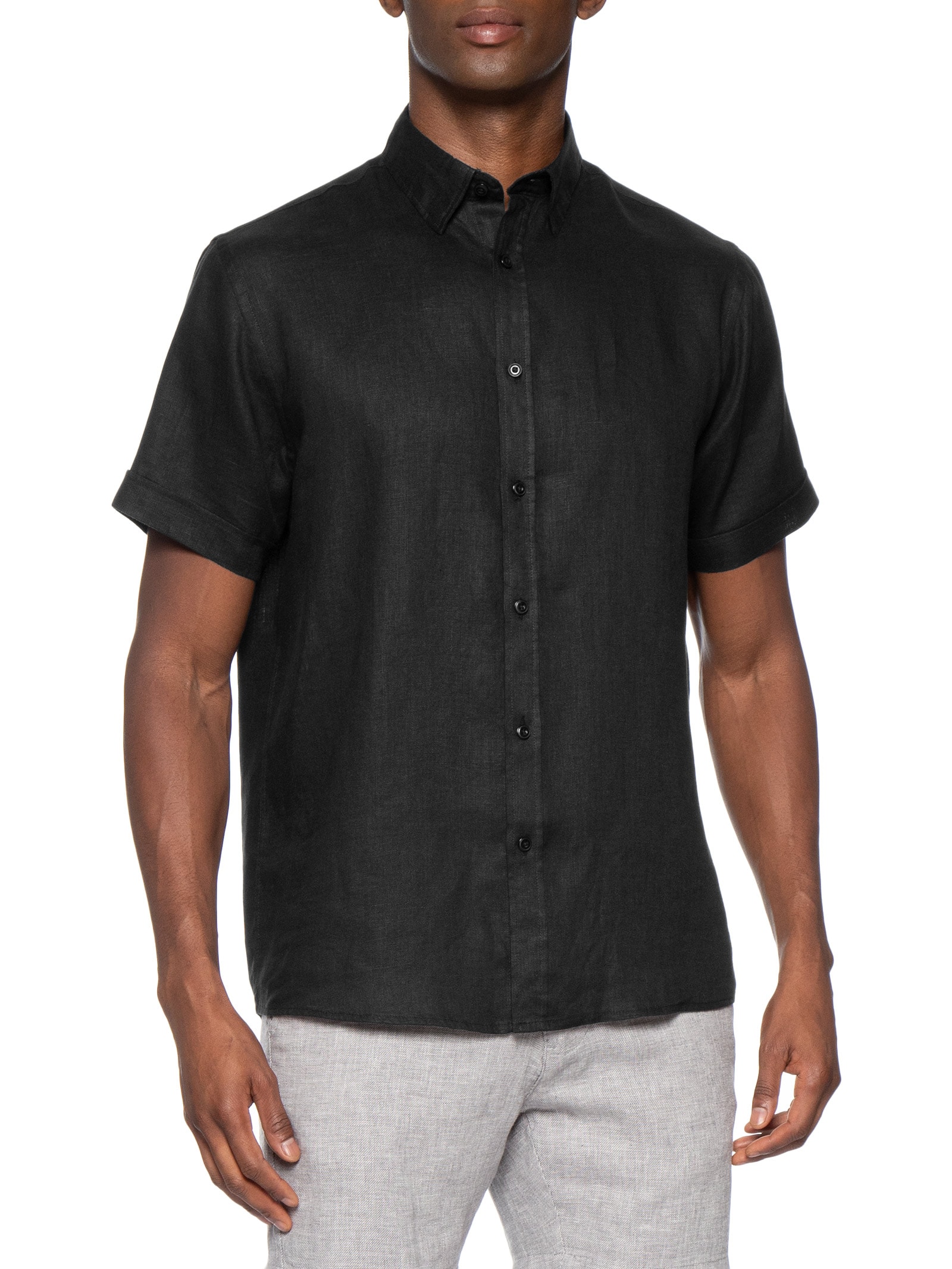 Camisa Masculina 100% Linho Manga Curta Preto '2 Essential
