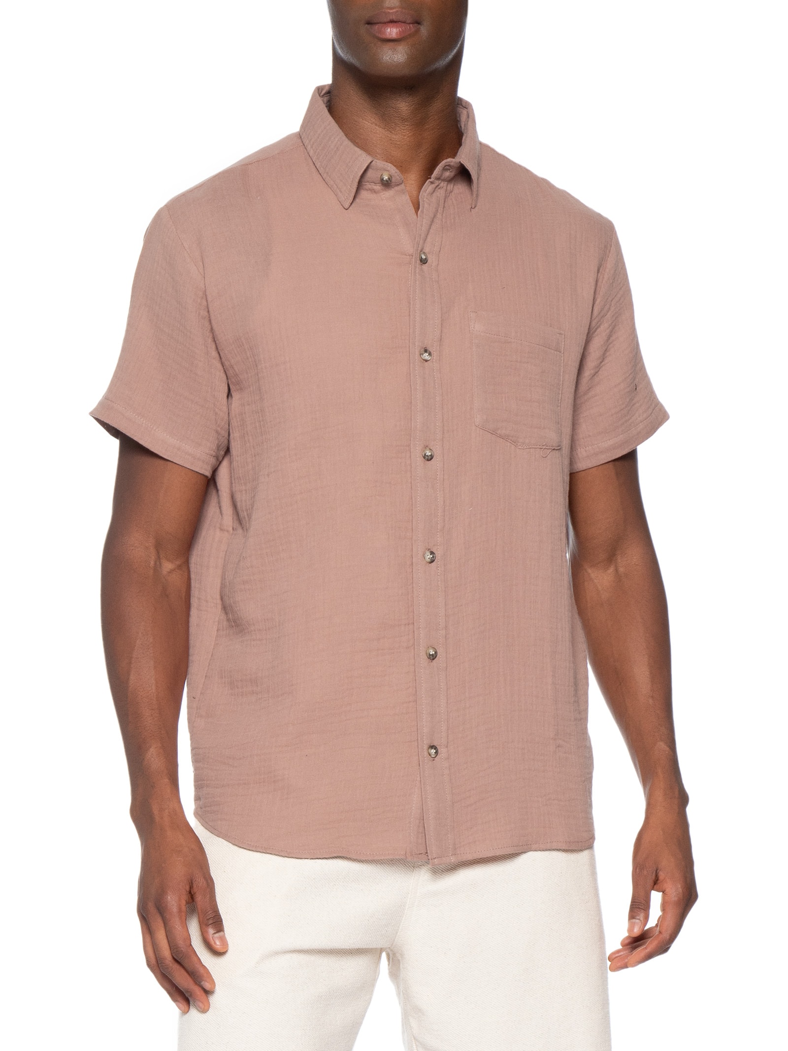 Camisa Masculina Algodão Manga Curta Marrom Basiq Men