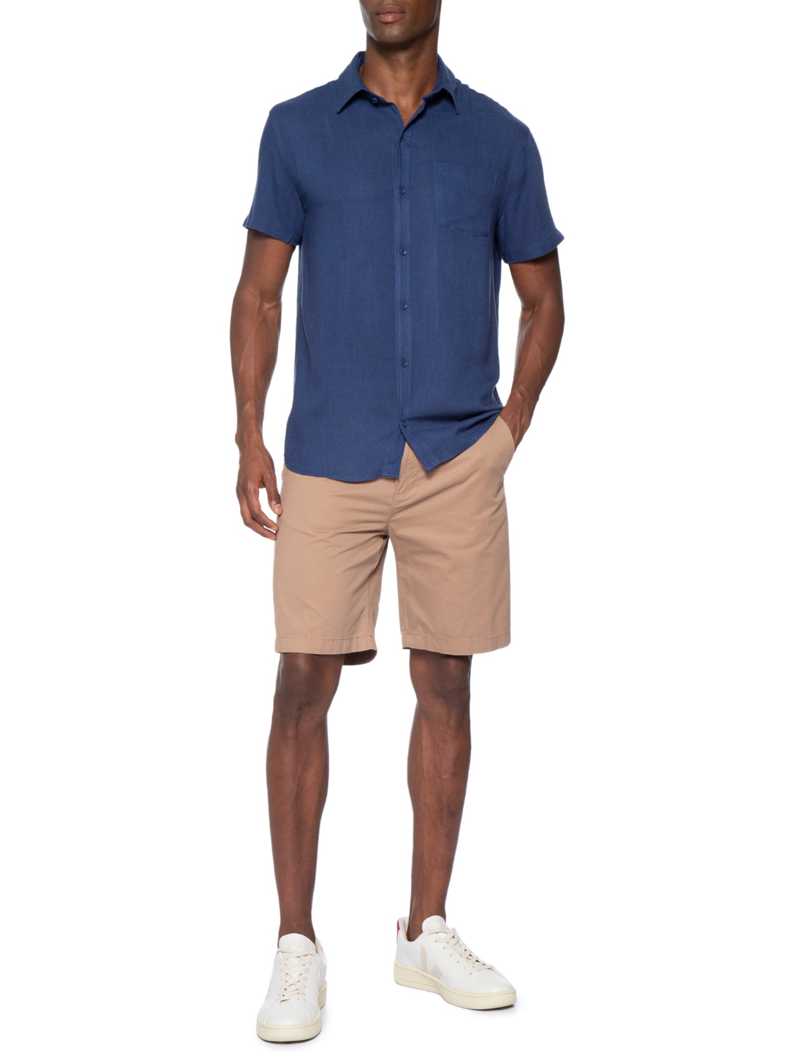 Camisa Masculina Blend Linho Manga Curta Azul Basiq Men