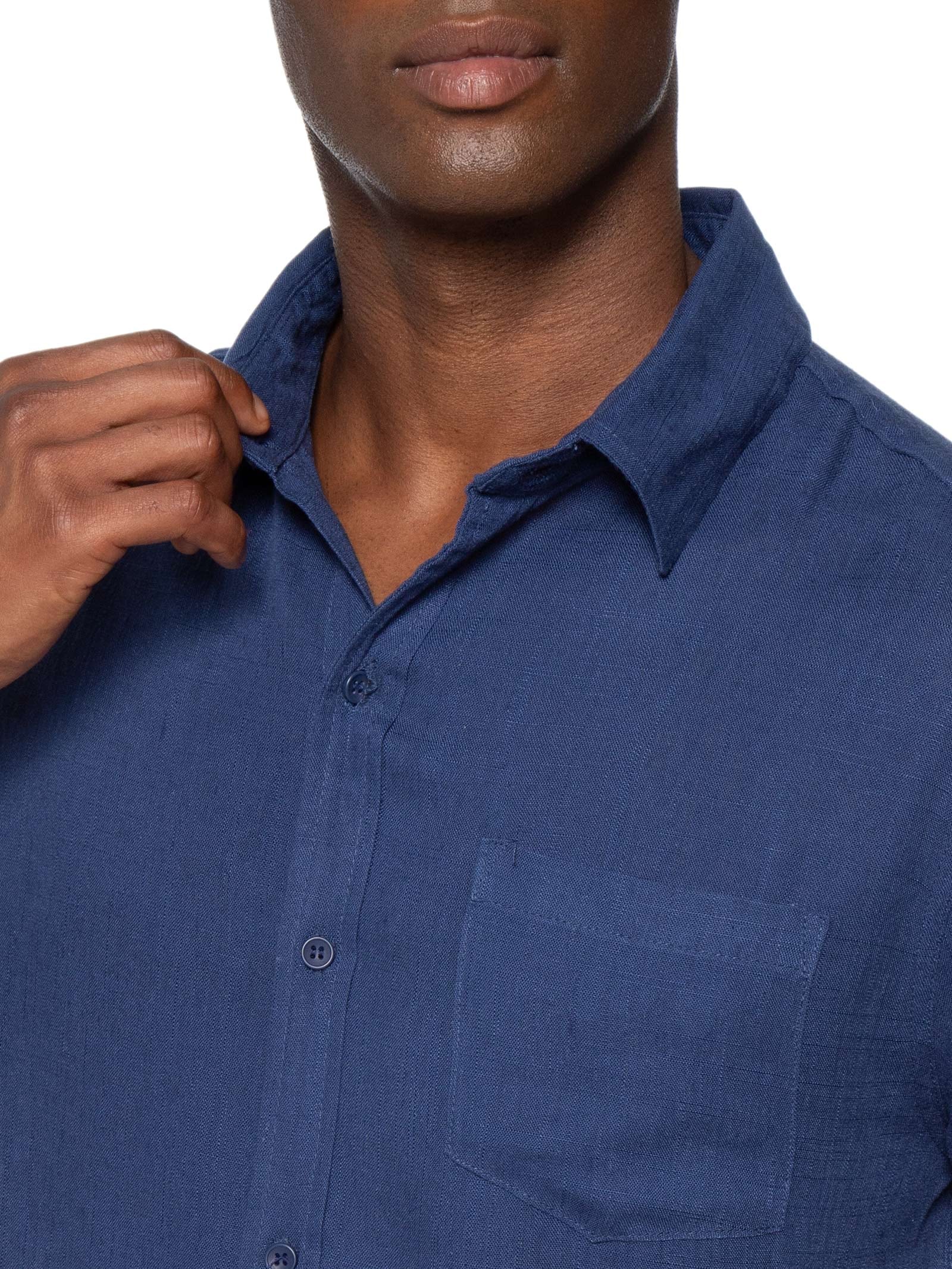 Camisa Masculina Blend Linho Manga Curta Azul Basiq Men