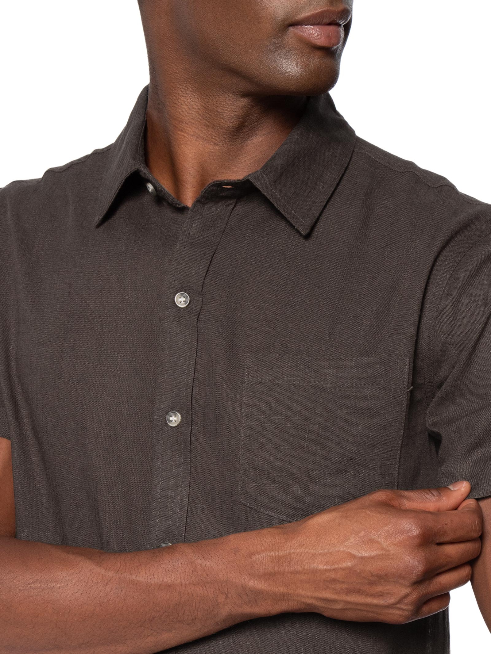 Camisa Masculina Blend Linho Manga Curta Marrom Basiq Men