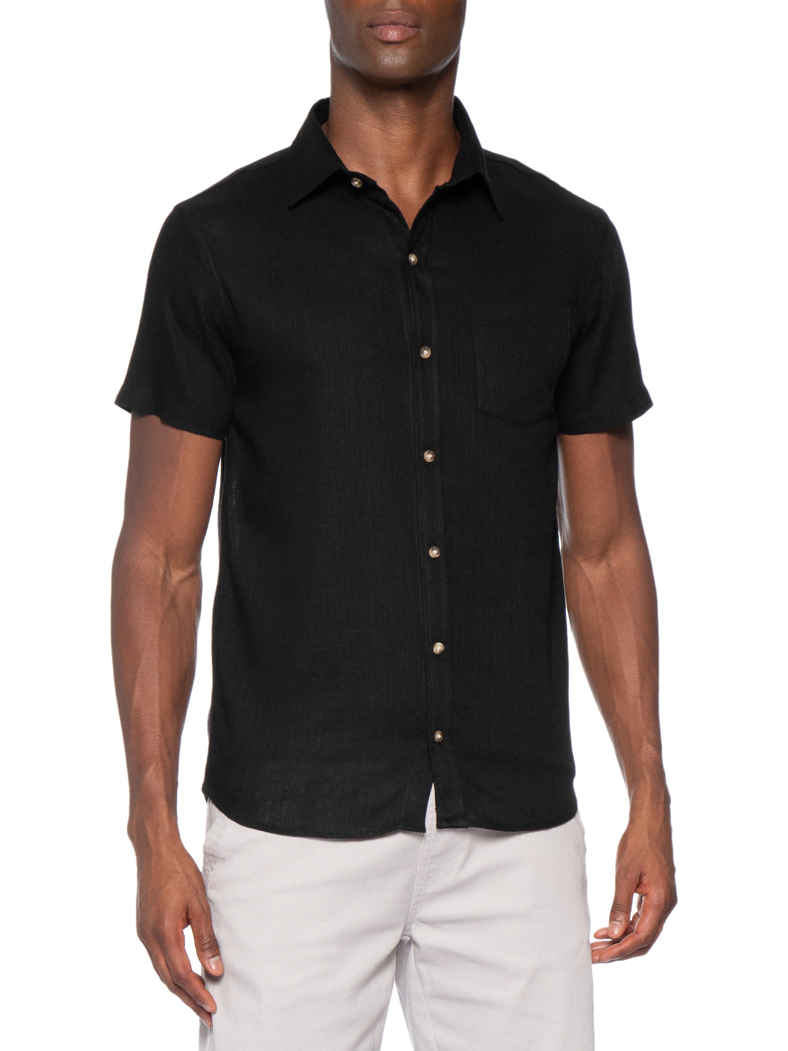 Camisa Masculina Blend Linho Manga Curta Preto Basiq Men