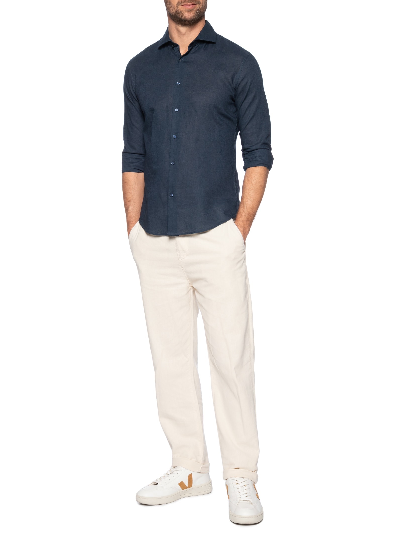 Camisa Masculina Blend Linho Manga Longa Slim Fit Azul '2 Essential