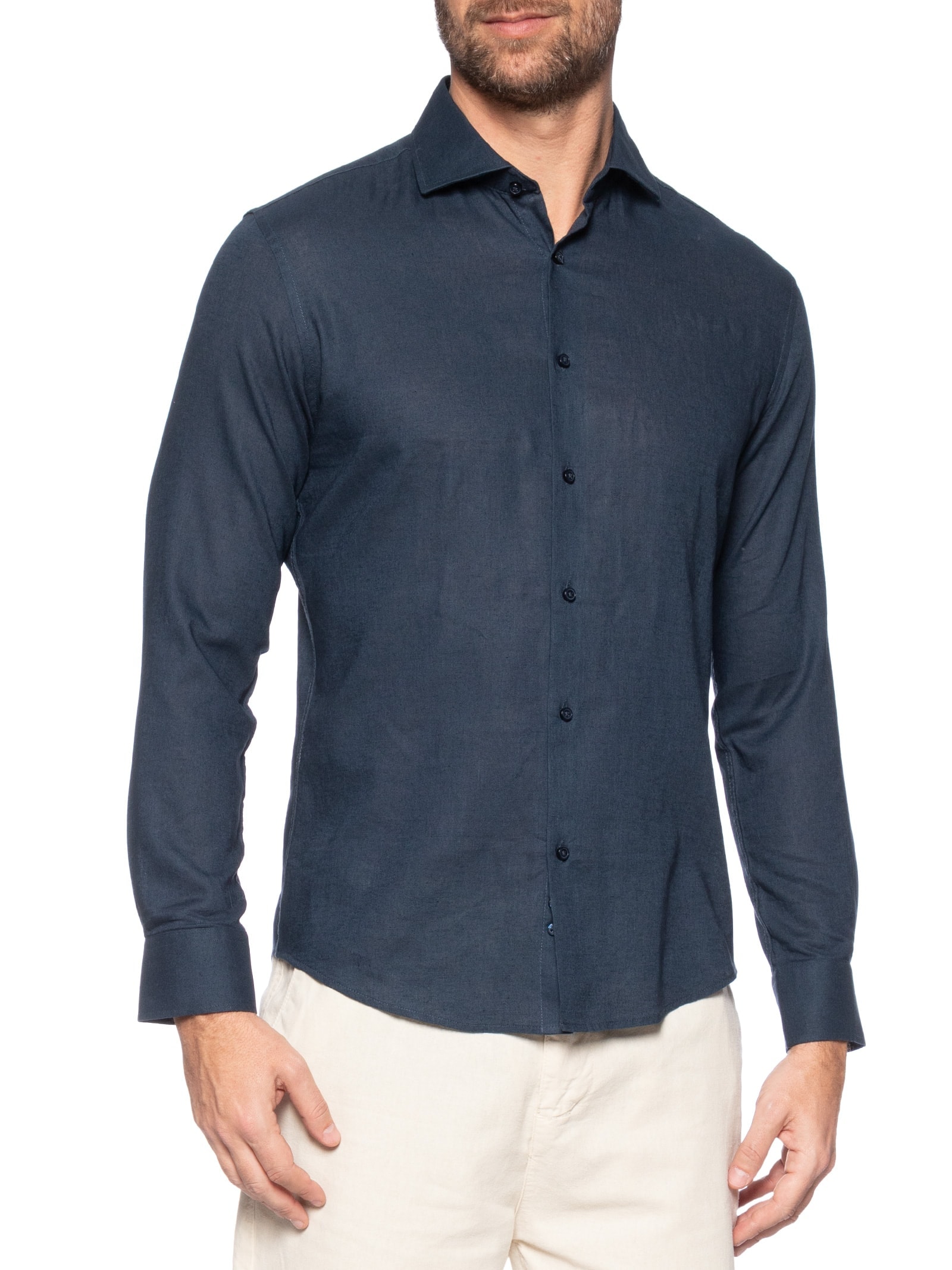 Camisa Masculina Blend Linho Manga Longa Slim Fit Azul '2 Essential