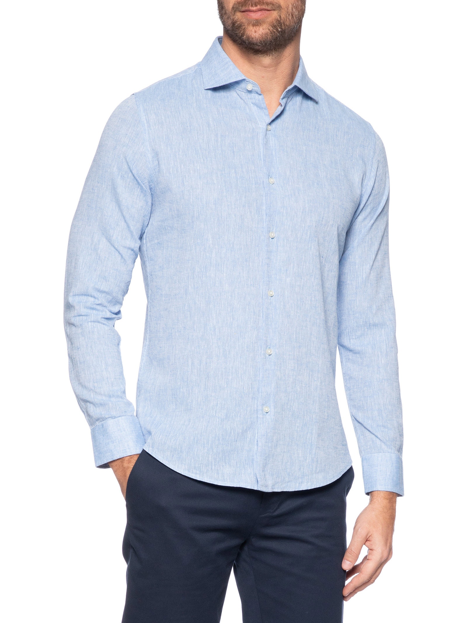 Camisa Masculina Blend Linho Slim Fit Azul  '2 Essential