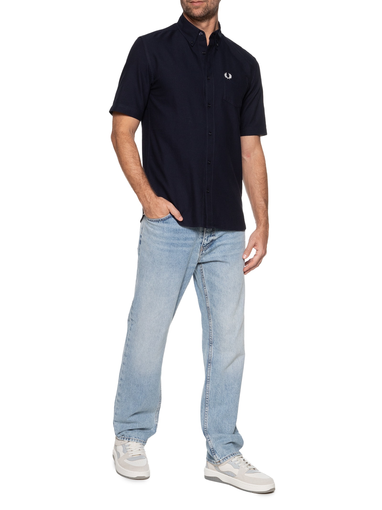 Camisa Masculina Button Down Regular Fit Em Oxford Azul Fred Perry