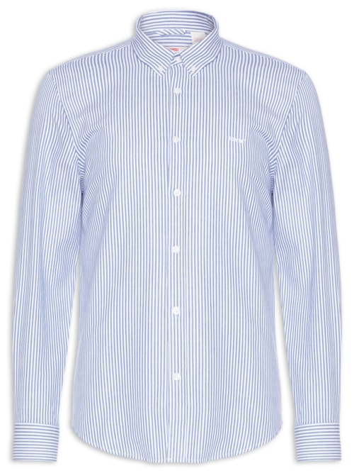 Camisa Masculina Button Down Regular Fit Listrada em Algodão – Azul
