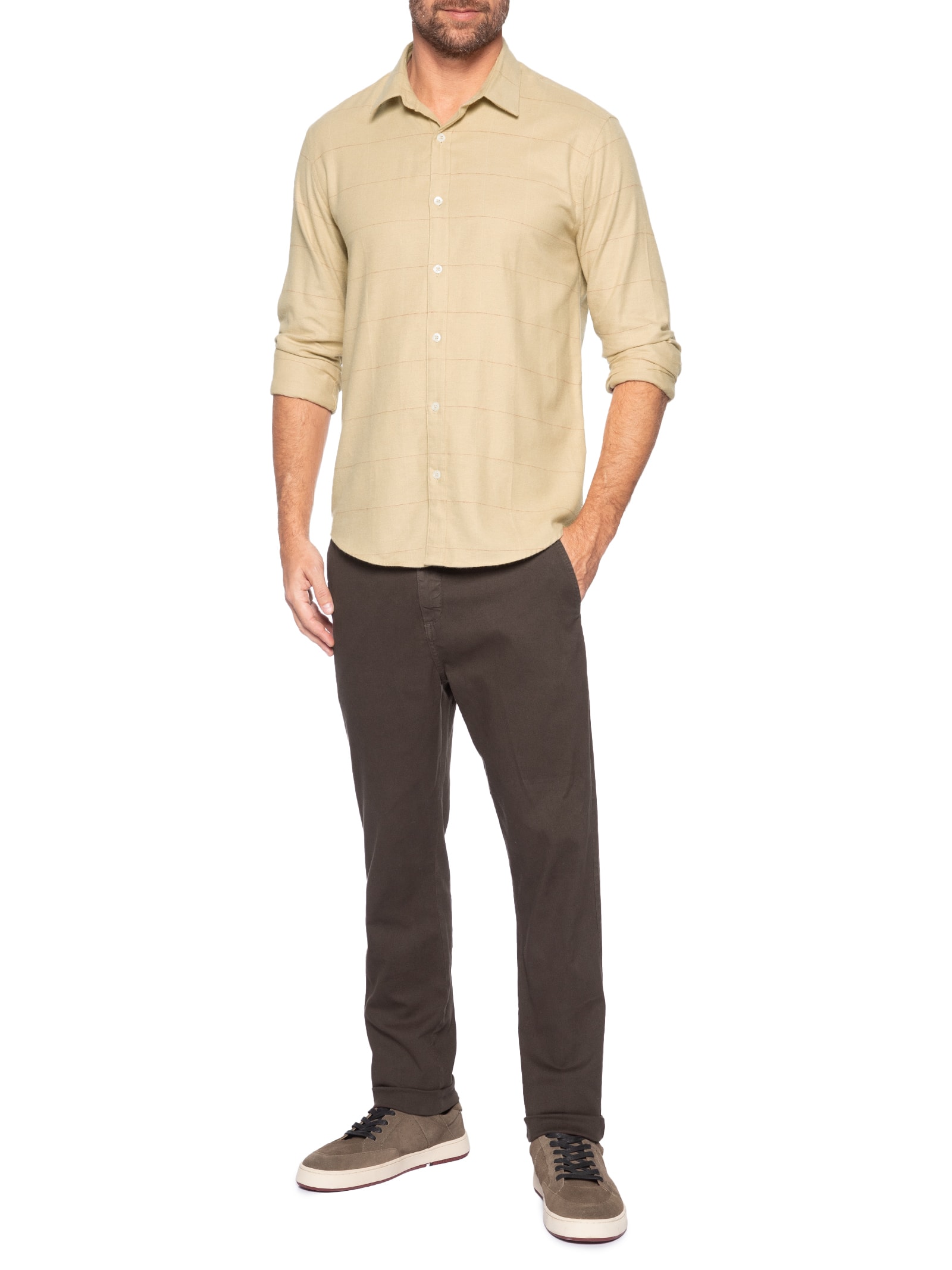 Camisa Masculina Casual Flanela Xadrez Suiça Bege Foxton
