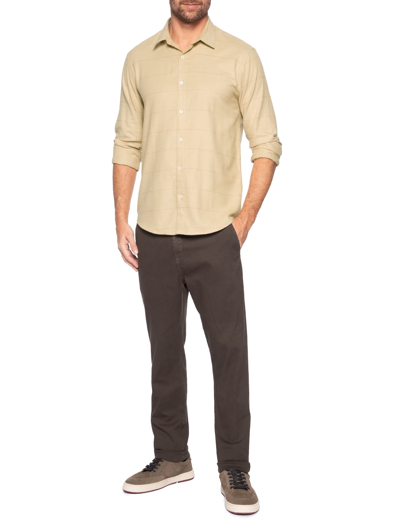 Camisa Masculina Casual Flanela Xadrez Suiça Bege Foxton