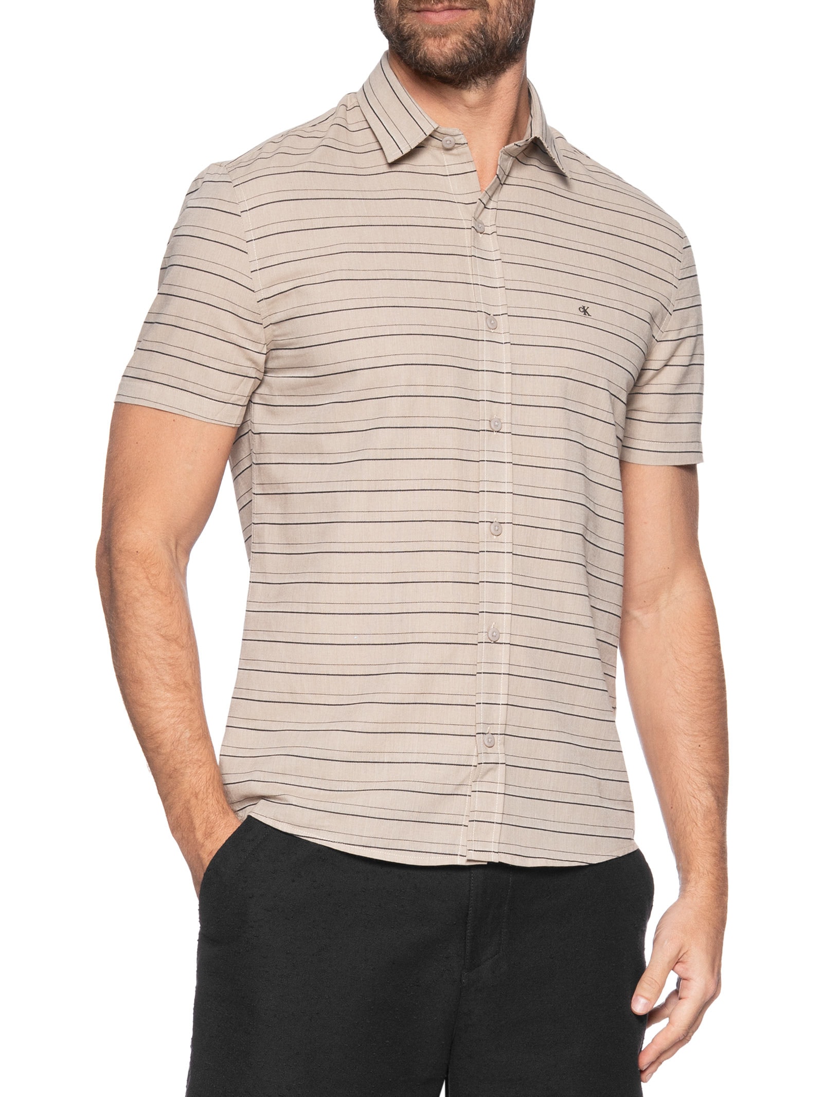 Camisa Masculina Casual Listrada Com Textuiras Bege Calvin Klein Jeans