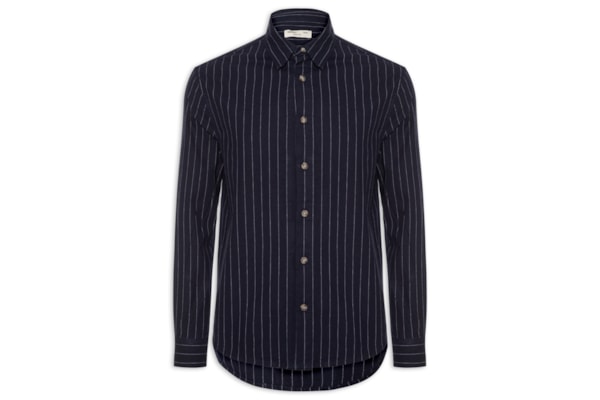 Camisa Masculina Casual Listrada Fio Índigo Confort Fit - Azul