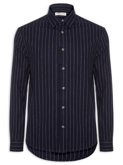 Camisa Masculina Casual Listrada Fio Índigo Confort Fit - Azul
