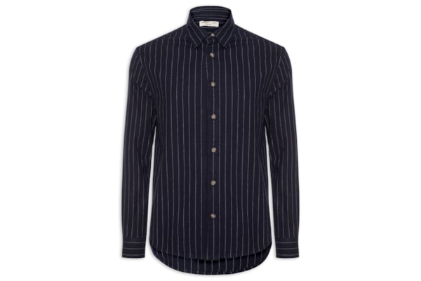 Camisa Masculina Casual Listrada Fio Índigo Confort Fit - Azul