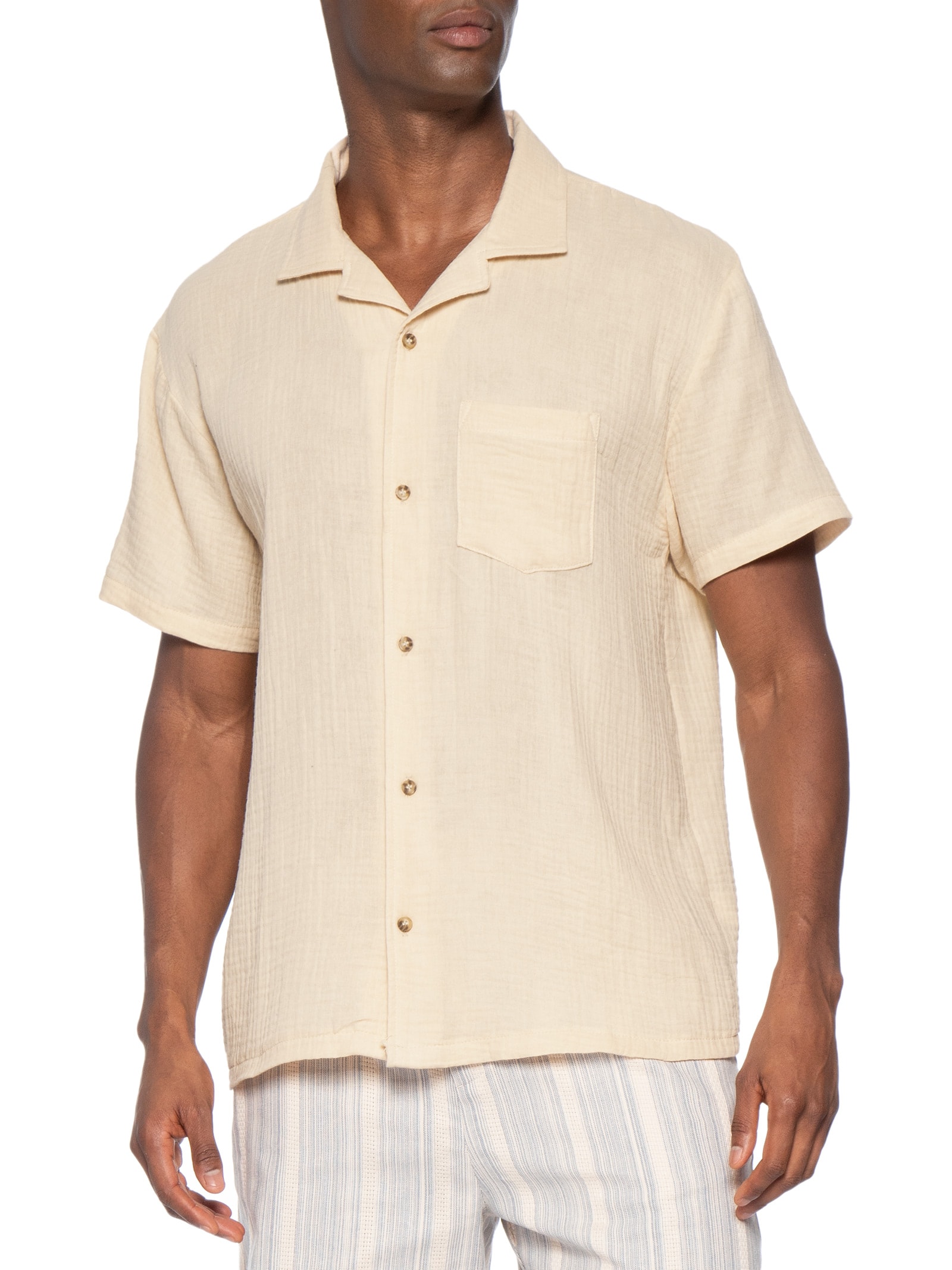 Camisa Masculina Casual Manga Curta Bege Basiq Men
