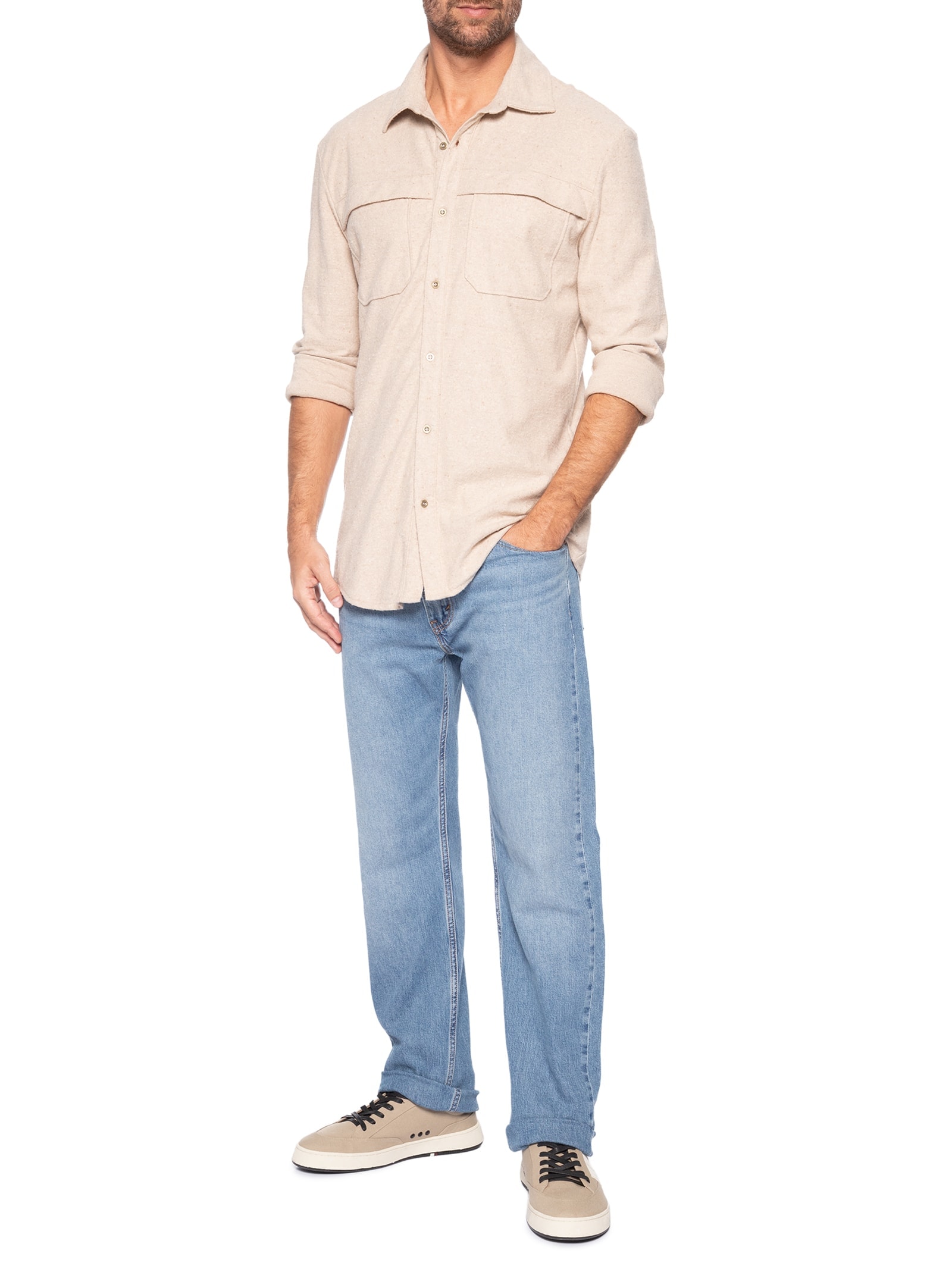 Camisa Masculina Casual Manga Longa Eco Pocket Bege Osklen