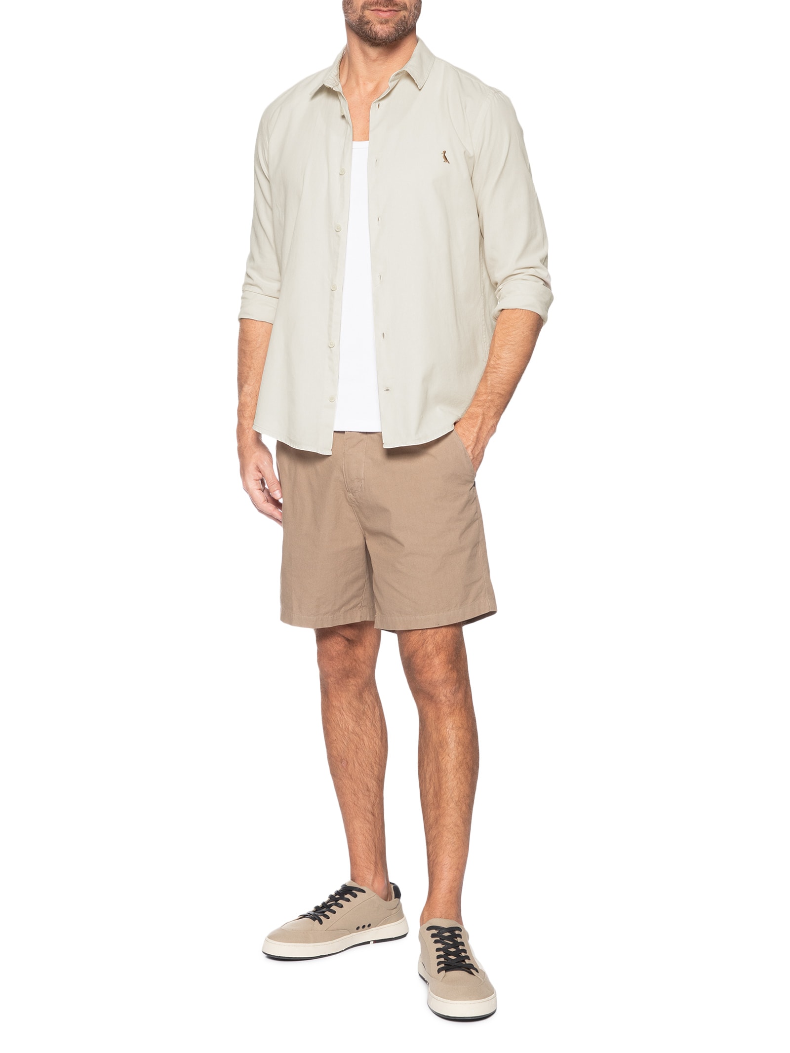 Camisa Masculina Casual Manga Longa Paraty Contraste Bege Reserva