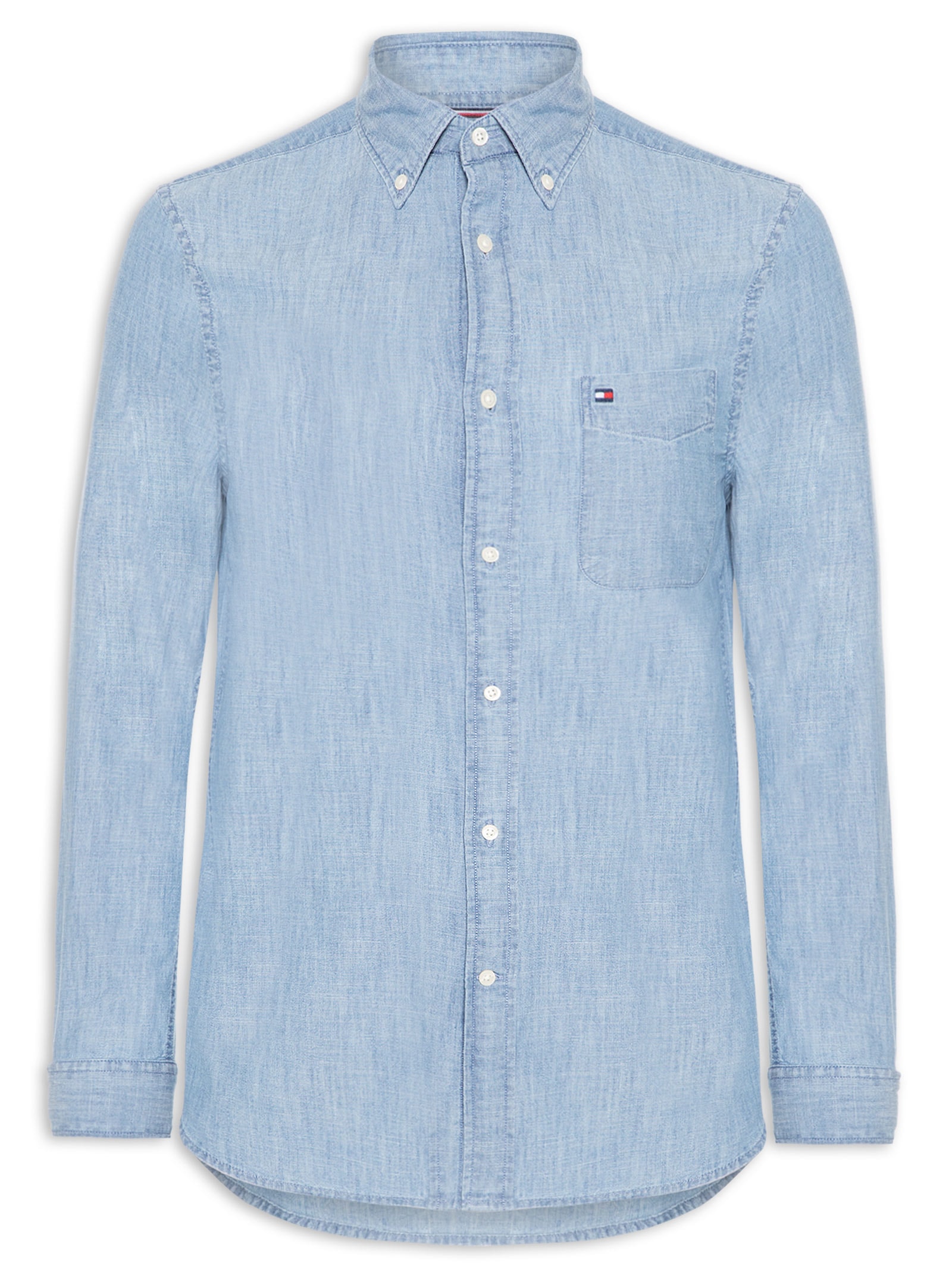 Camisa Masculina Casual Regular Fit Com Bolsos Em Chambray Azul Tommy Hilfiger