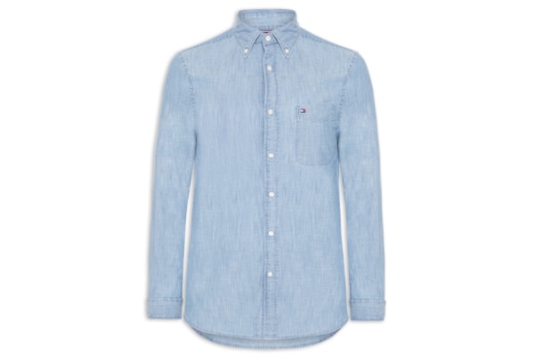 Camisa Masculina Casual Regular Fit Com Bolsos Em Chambray - Azul